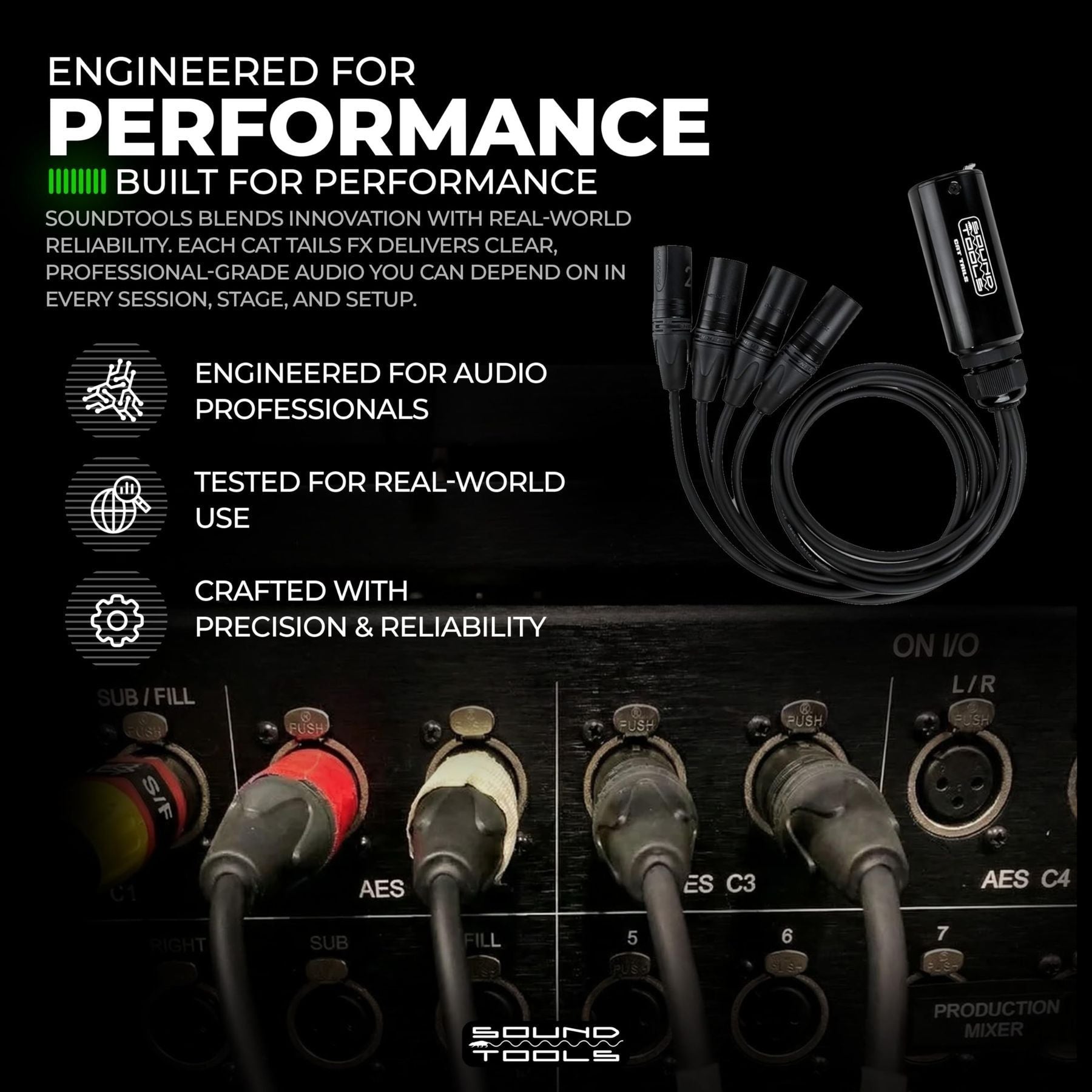 SoundTools CAT Tails Male four-channel XLR-to-RJ45 adapter — engineered-for-performance infographic with the adapter connected to an audio mixer — Slide 7 of 7