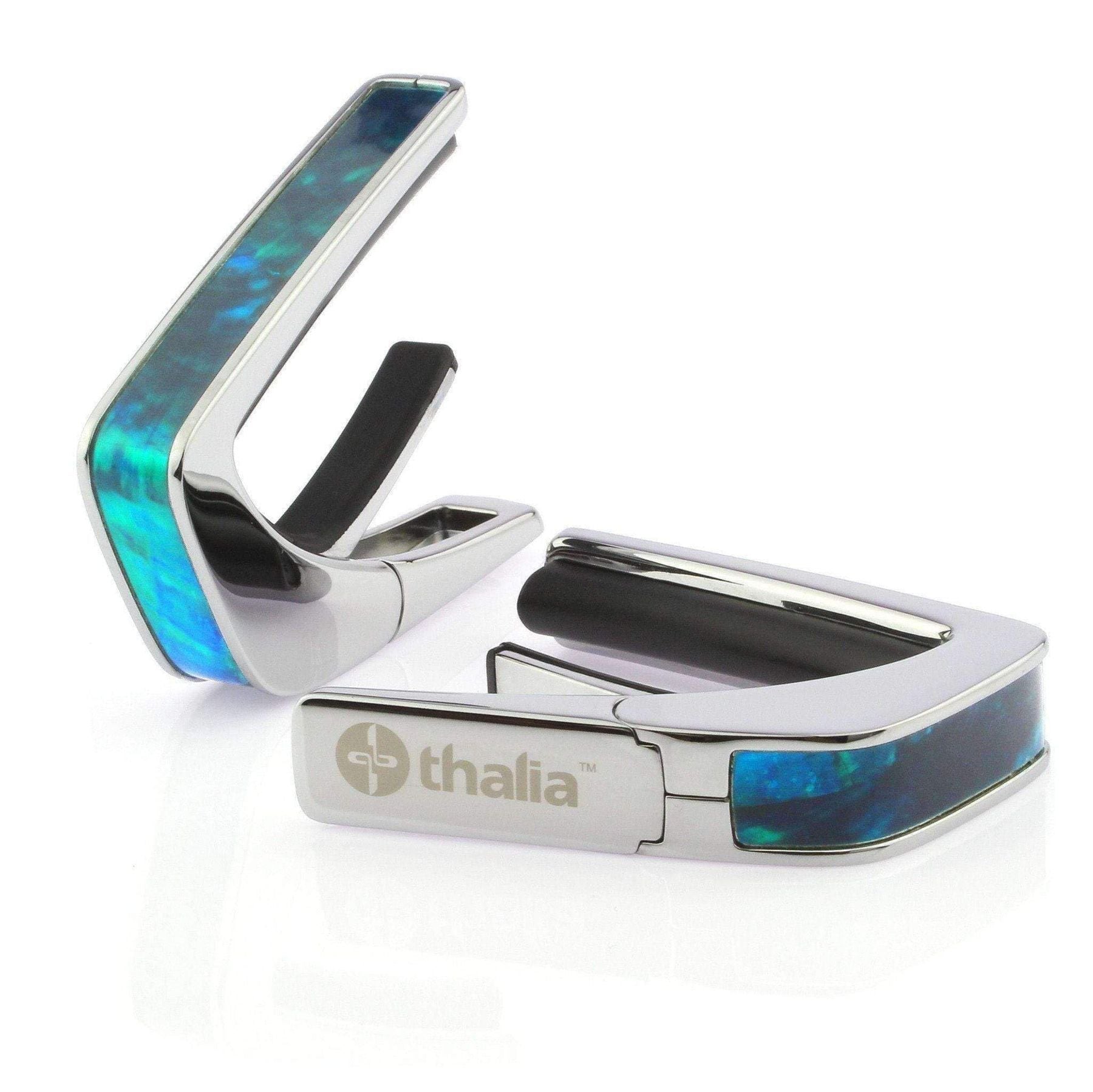 THALIA CHROME FINISH CAPO WITH TEAL ANGEL WING INLAY — Slide 1 of 3