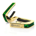 Thalia 24k Gold Finish Capo with Green Angel Wing Inlay – Premium Guitar Capo with Universal Fretpads for Acoustic, Electric, 6 & 12-String, Classical & Ukulele – Smooth Tuning & Elegant Design