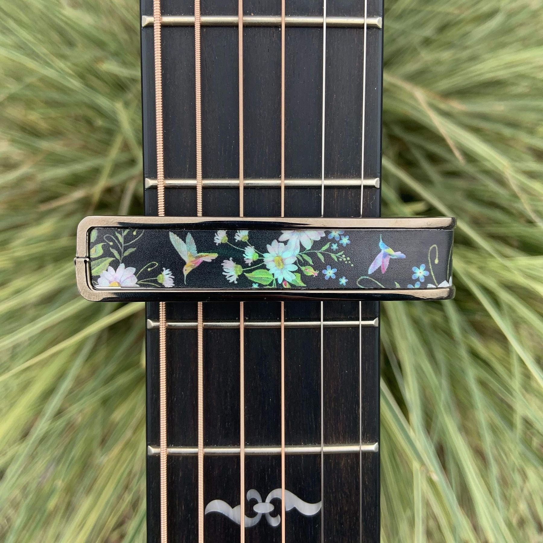 Thalia Guitar Capo - Deluxe Series (New Model with (2) Universal OctaveTouch Fret Pads) Black Chrome - Hummingbird — Slide 3 of 6
