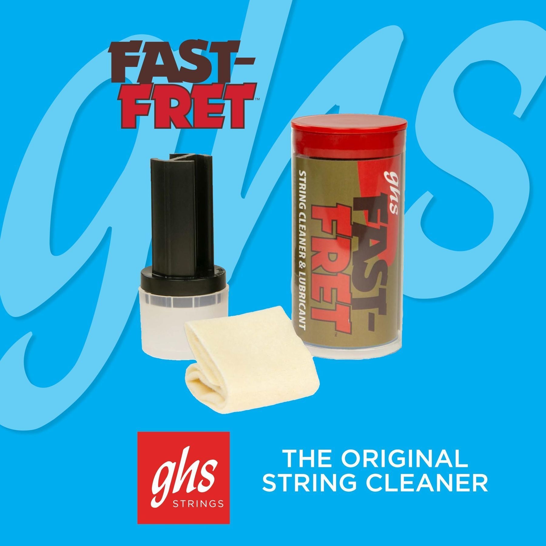 GHS Fast Fret string cleaner and lubricant — applicator, container and cloth with The Original String Cleaner graphic — Slide 7 of 9