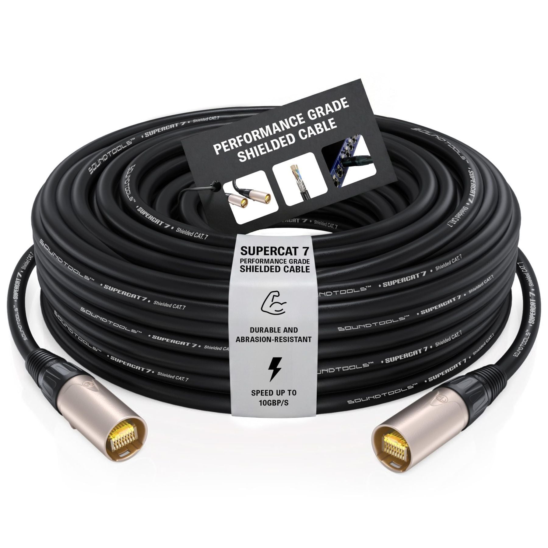 Sound Tools SuperCAT 7 Shielded EtherCON Cable – Professional CAT7 Audio and Data Cable with Neutrik Connectors – Rugged Polyurethane Jacket – 10Gbps High-Speed Performance – 50 Feet Black — Slide 1 of 6