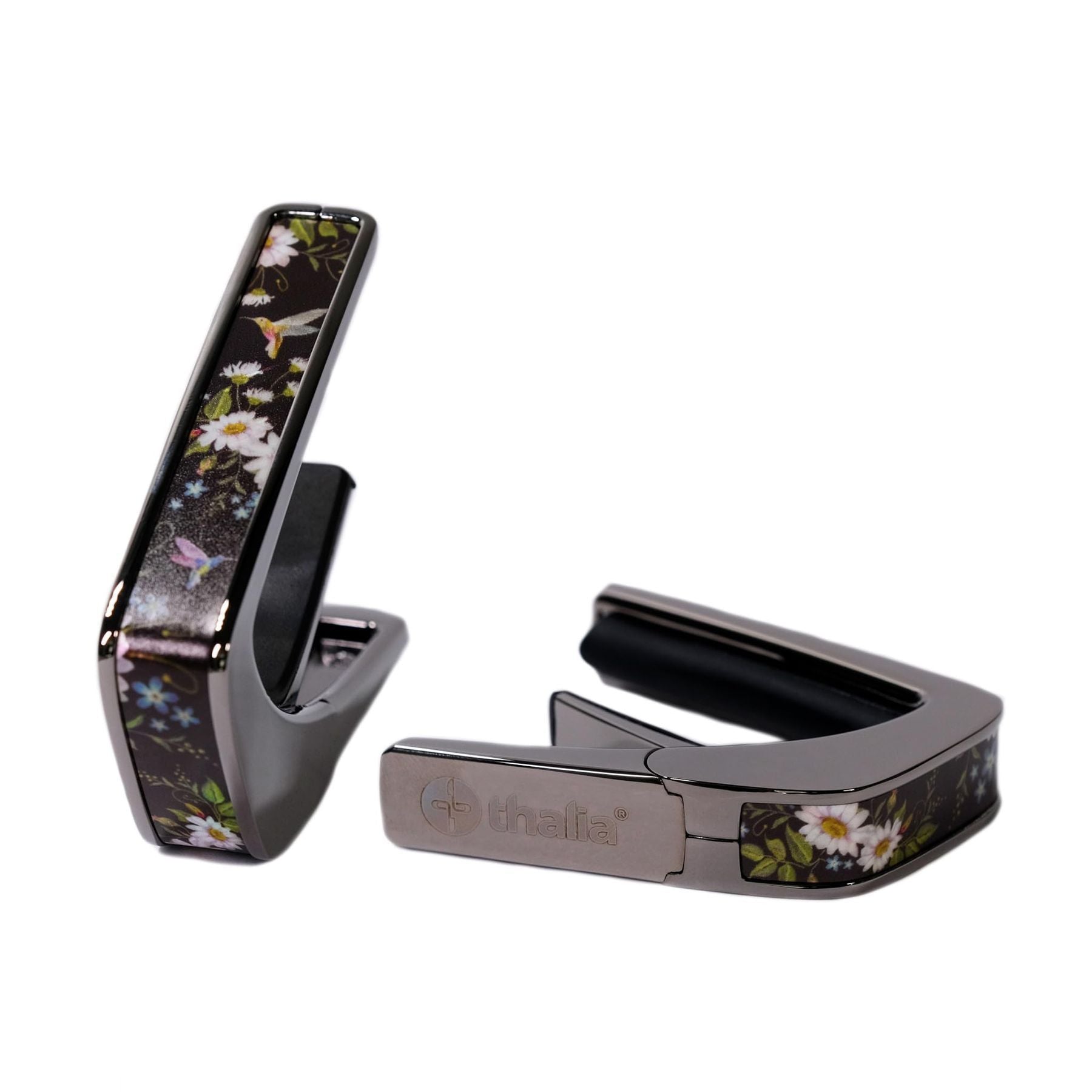Thalia Guitar Capo - Deluxe Series (New Model with (2) Universal OctaveTouch Fret Pads) Black Chrome - Hummingbird — Slide 1 of 6