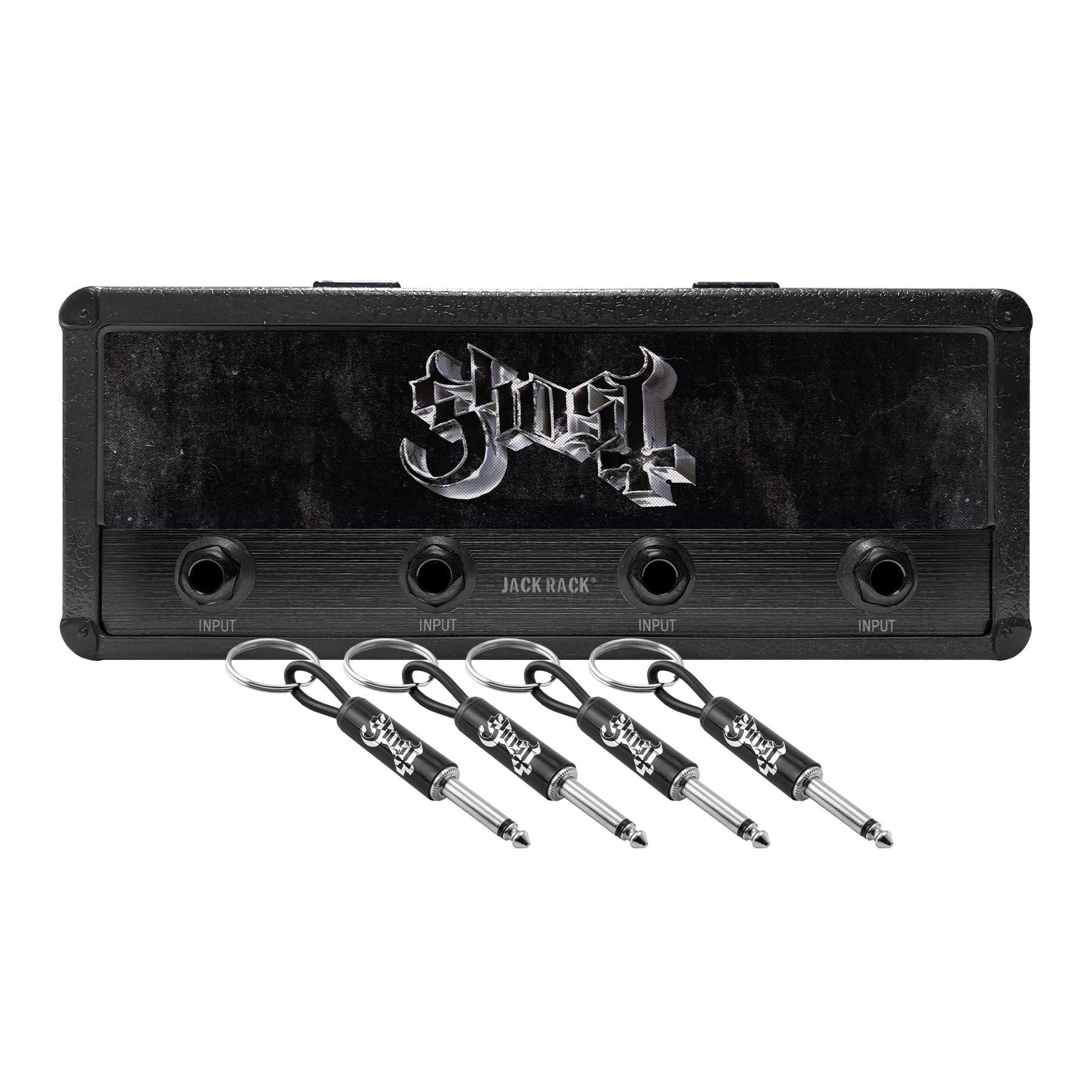 P Pluginz Jack Rack wall mounting Key Hanger. Includes 4 Guitar Plug Keychains and wall mounting Hardware. (Ghost) — Slide 1 of 7