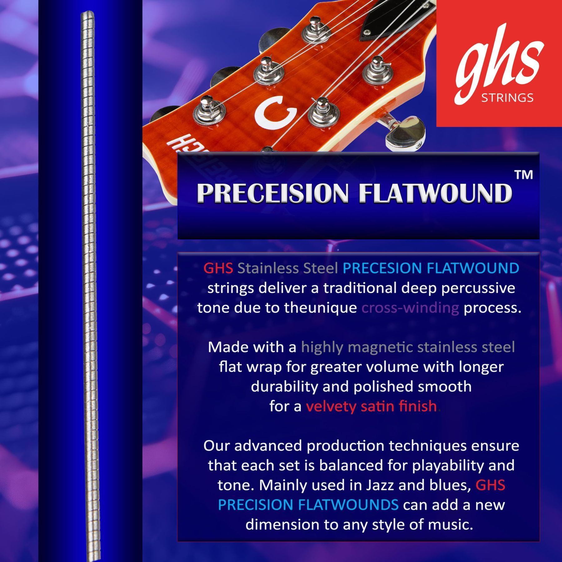GHS Precision Flatwound 800 extra-light electric guitar strings — infographic describing the deep tone, cross-winding process and polished finish — Slide 3 of 9