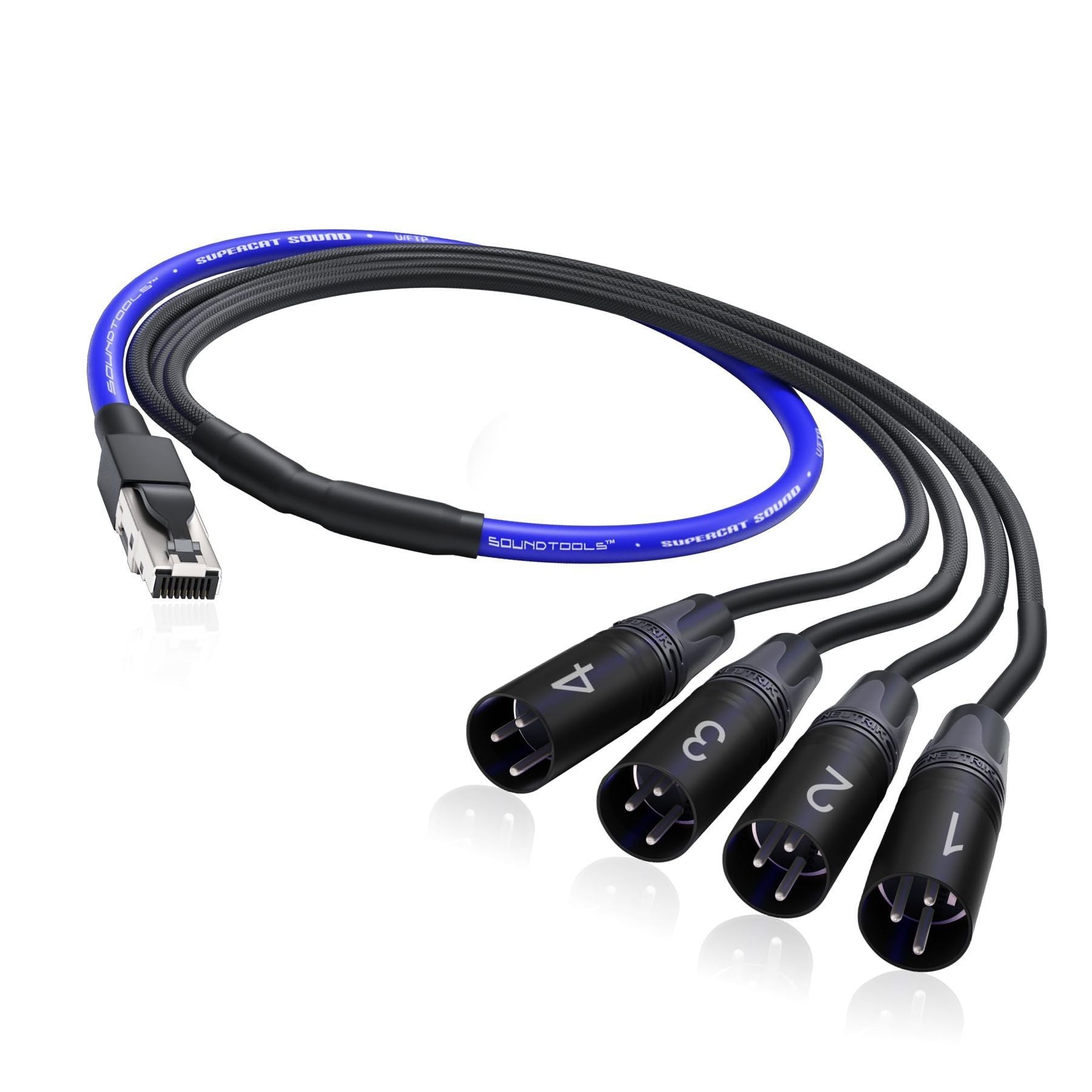 Sound Tools SuperCAT Sound Tails Male RJ45 to Male Breakout XLR – 4 Channel Audio & Ethernet to XLR – Compatible with Audio Mixer, Amplifier, Speaker, Microphone, DMX Controller or Intercom Systems — Slide 1 of 5