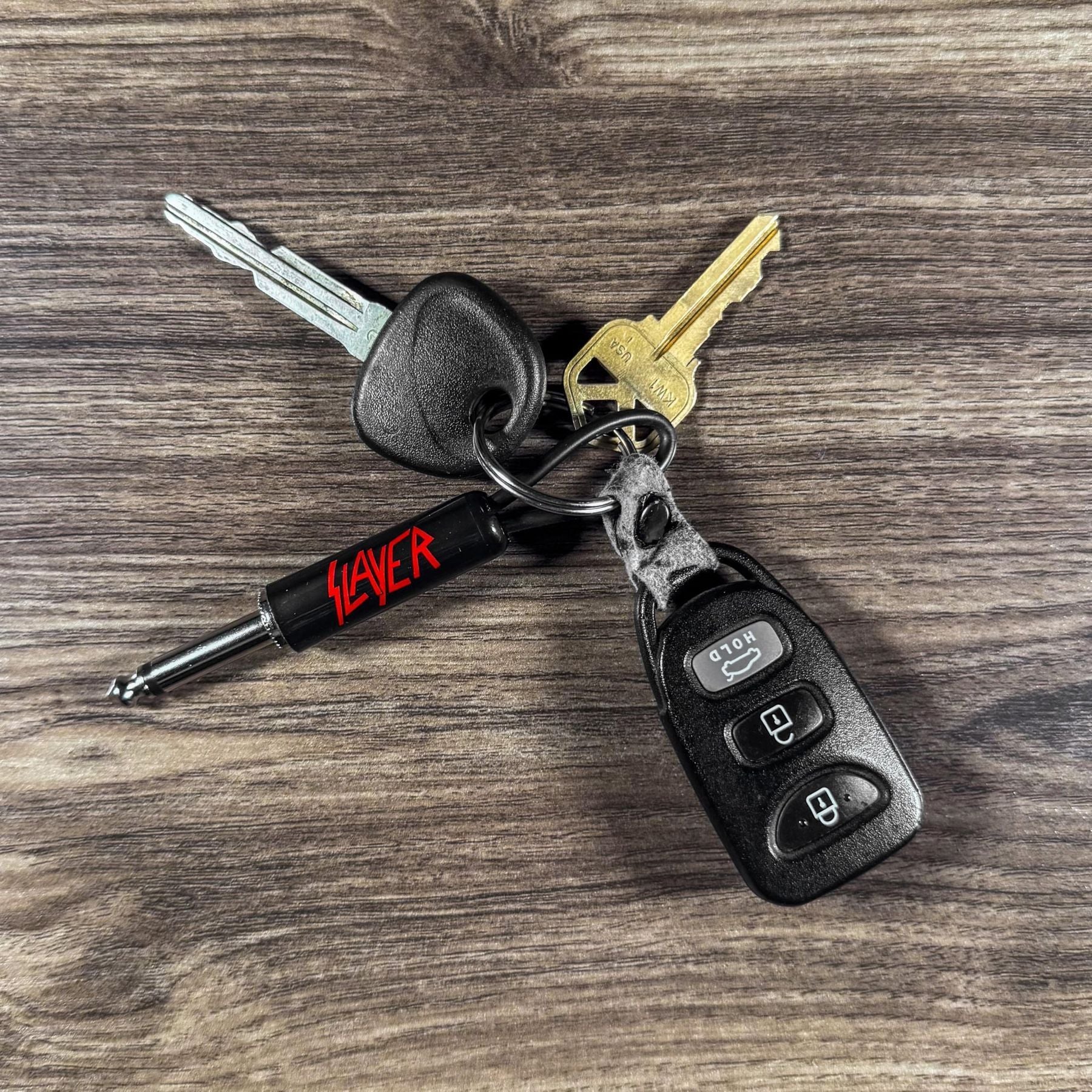 P Pluginz Jack Rack wall mounting Key Hanger. Includes 4 Guitar Plug Keychains and wall mounting Hardware. (Slayer) — Slide 7 of 9