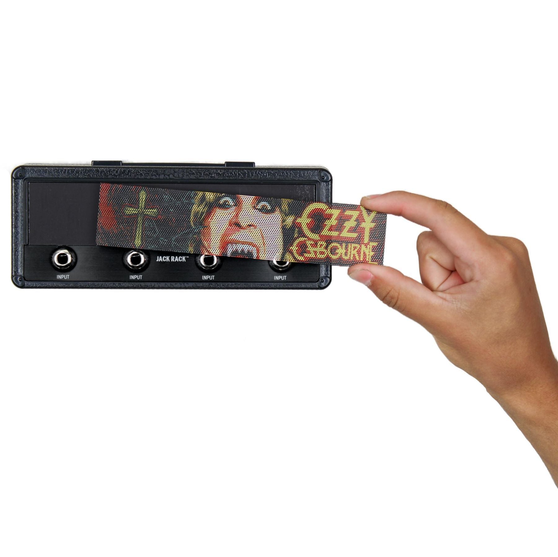 P Pluginz Ozzy Osbourne Jack Rack key hanger — hand demonstrating the compact wall-mounted rack — Slide 2 of 9