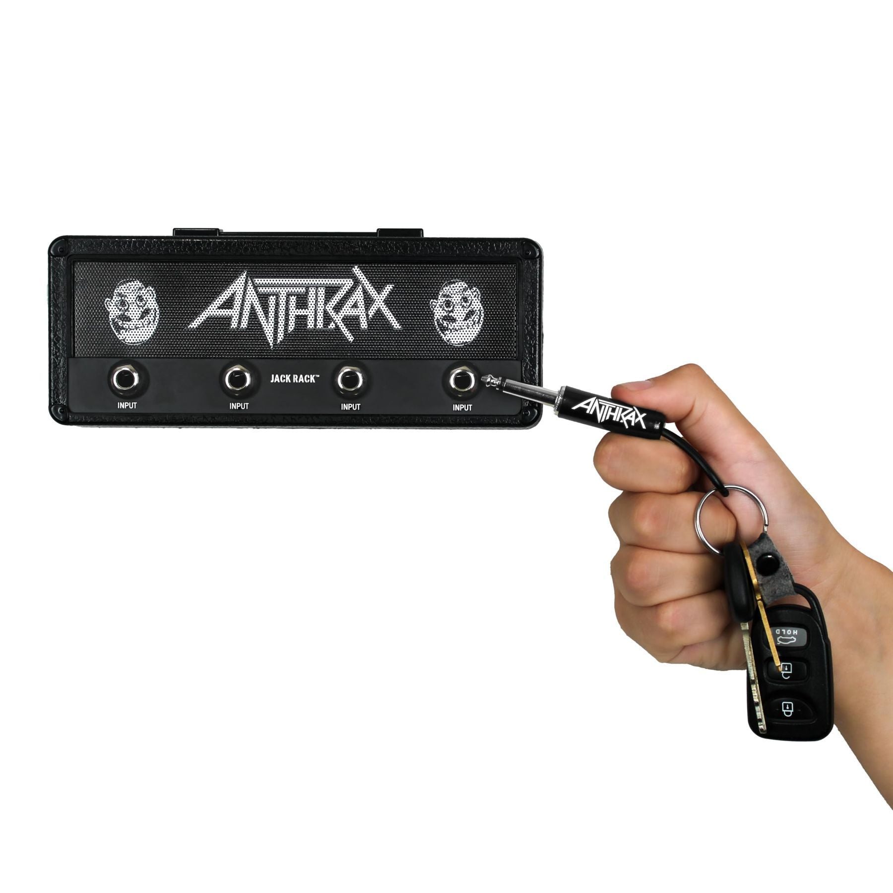 P Pluginz Jack Rack wall mounting Key Hanger. Includes 4 Guitar Plug Keychains and wall mounting Hardware. (Anthrax) — Slide 3 of 9