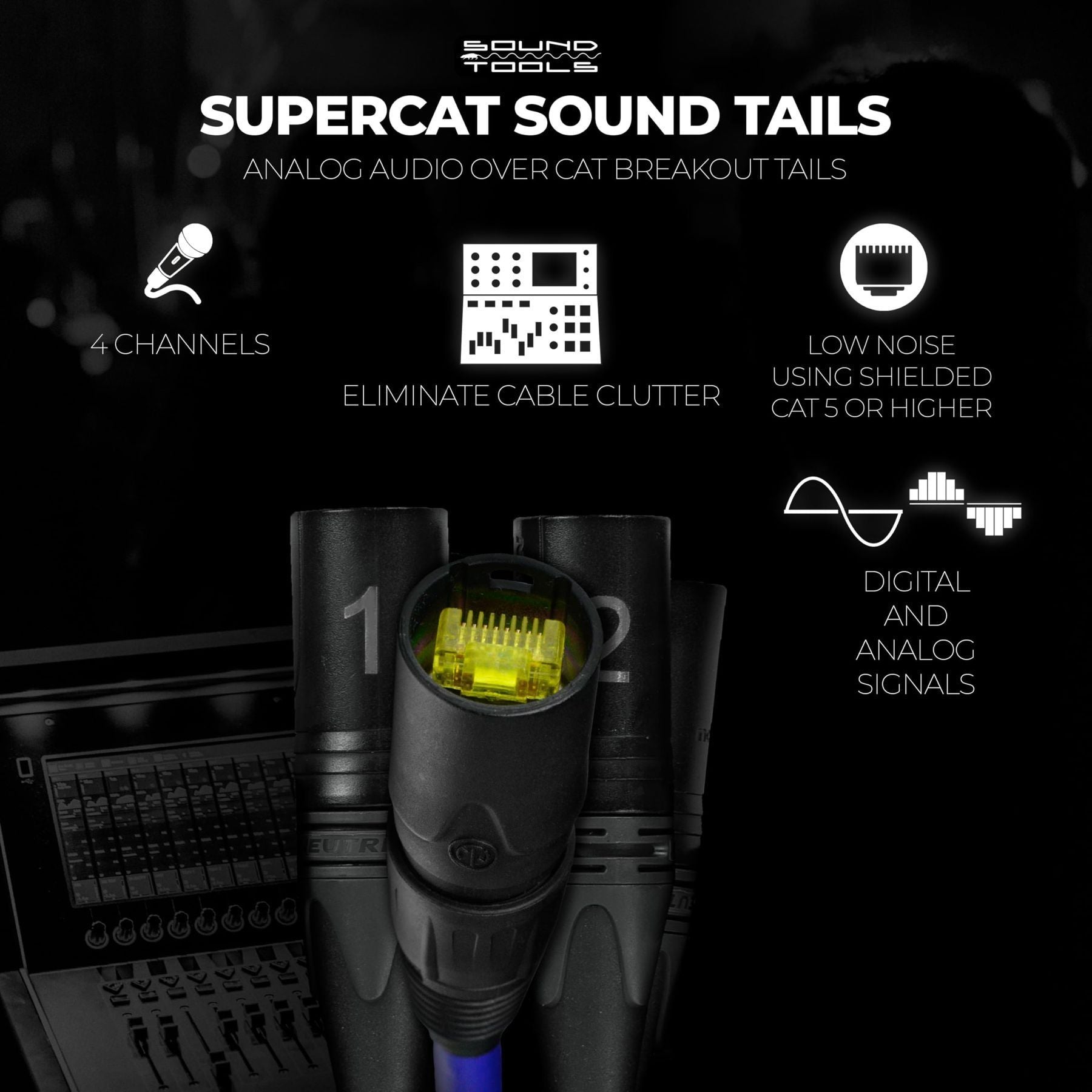 SuperCAT Sound Tails Male etherCON to Male XLR Breakout – 4 Channel Analog Audio Snake, 60" Total Length / 54" Span – AES3, Intercom, or DMX Over CAT5e — Slide 2 of 5