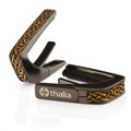 Thalia Guitar Capo - Deluxe Series (New Model with (2) Universal OctaveTouch Fret Pads) Black Chrome - Hawaiian Koa Celtic Knot