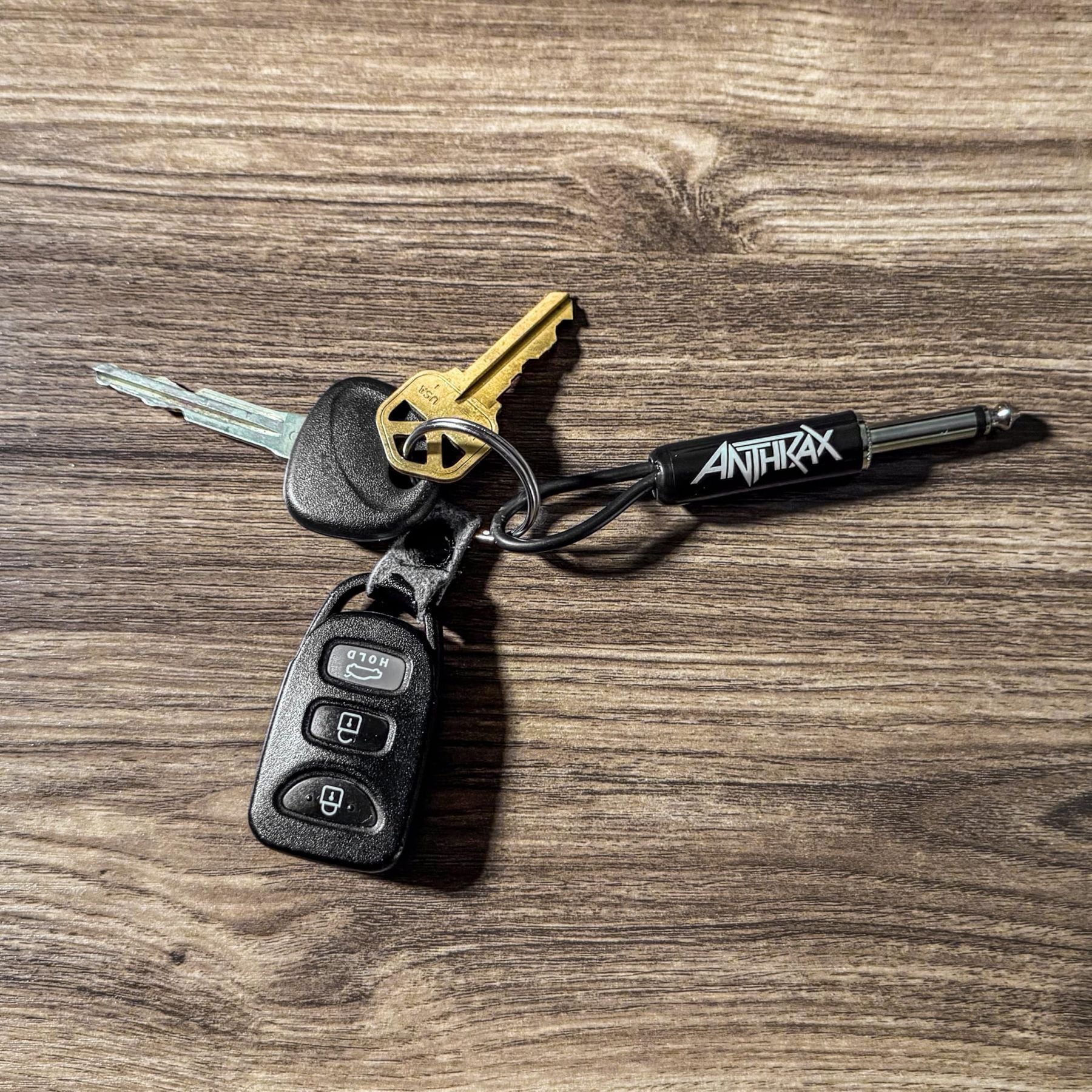 P Pluginz Jack Rack wall mounting Key Hanger. Includes 4 Guitar Plug Keychains and wall mounting Hardware. (Anthrax) — Slide 9 of 9