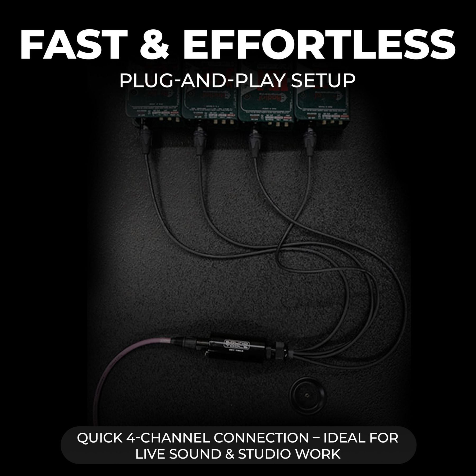 SoundTools CAT Tails Male four-channel XLR-to-RJ45 adapter — four-channel plug-and-play setup connected to stage equipment — Slide 3 of 7