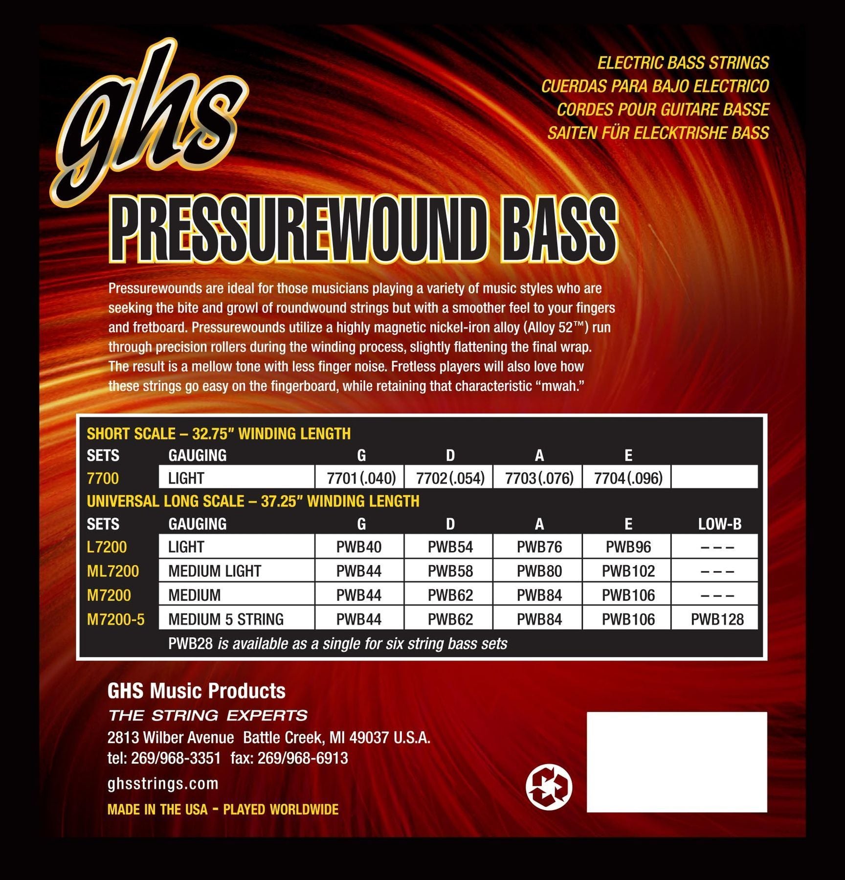GHS Strings – Pressurewound Bass Guitar Strings – Alloy 52 Rollerwound for Smooth Feel, Bright Punchy Tone & Reduced Finger Noise – Made in USA – Light Gauge - (L7200 SET) - 40-96 — Slide 9 of 9