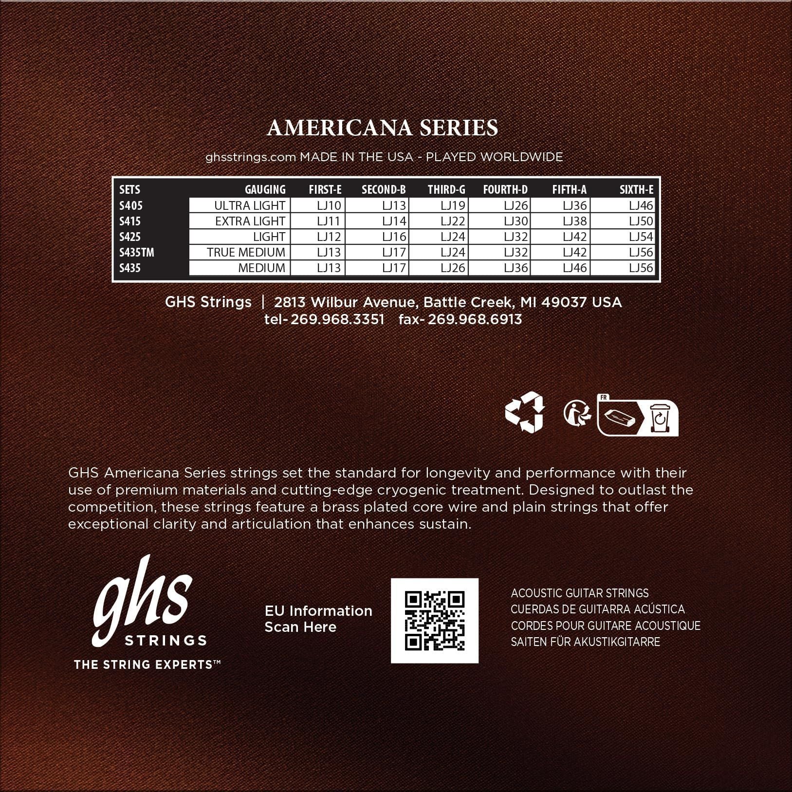 GHS Strings - Americana Phosphor Bronze Acoustic Guitar Strings – Cryogenically Treated for Long Life & Bright Rich Tone – Brass Plated Cores & Singles – (LT) Light Gauge – 12-54 - S425 SET (3 SETS) — Slide 9 of 9
