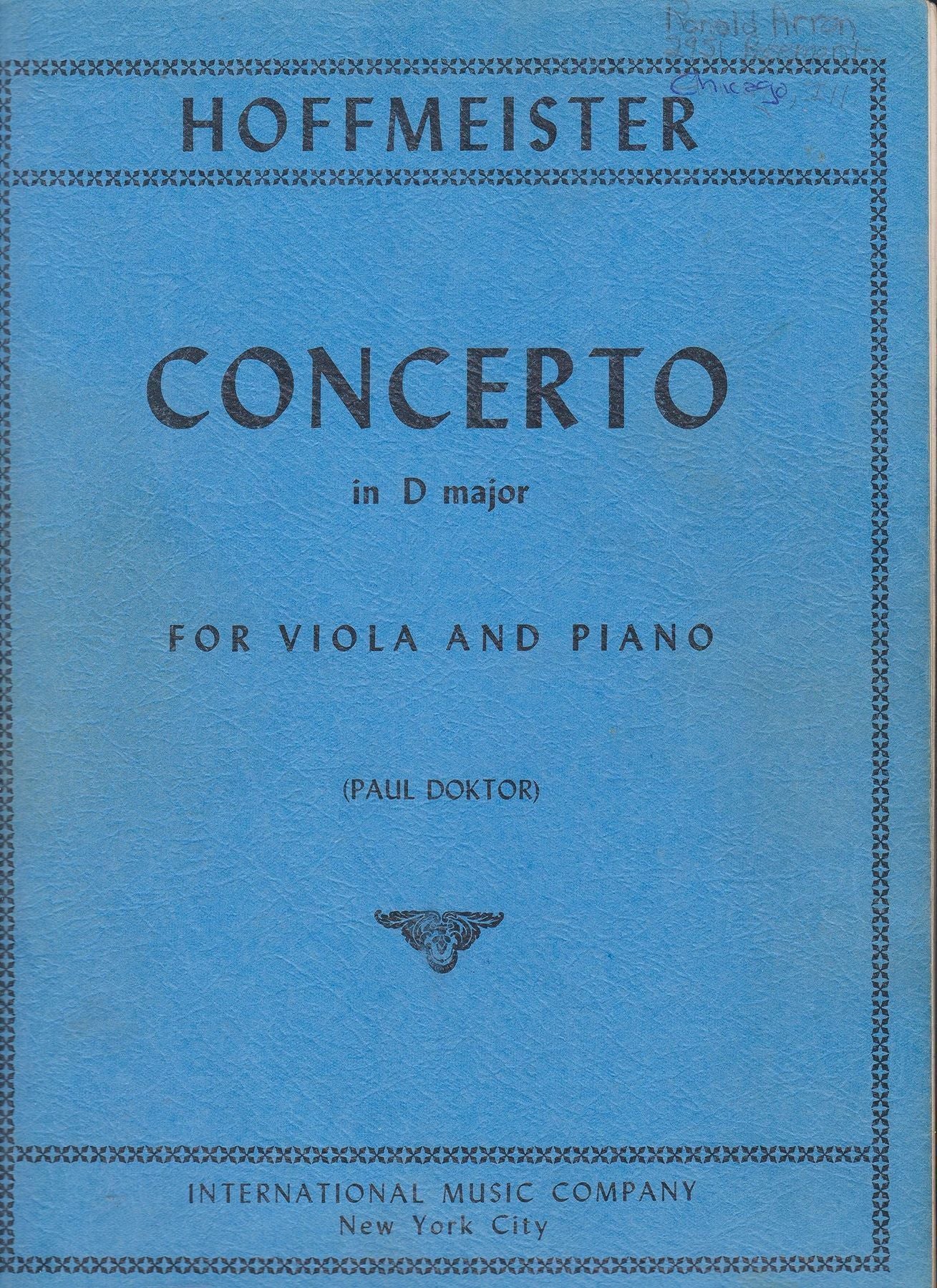 Hoffmeister, Franz Anton - Concerto in D Major - Viola and Piano - by Paul Doktor - International