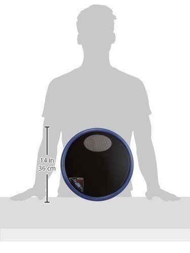 Offworld Invader V3 Scott Johnson blue practice pad — 14-inch size diagram beside a seated person silhouette — Slide 5 of 5