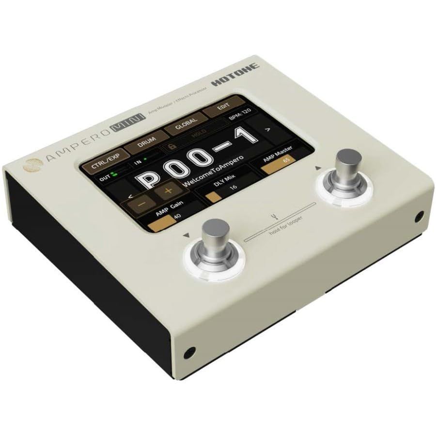 Hotone Ampero Mini MP50VN effects processor — three-quarter left-front view with the touchscreen on — Slide 5 of 9