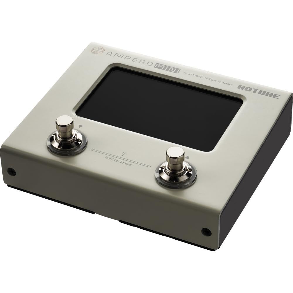 Hotone Ampero Mini MP50VN effects processor — three-quarter right-front view with the screen off — Slide 4 of 9