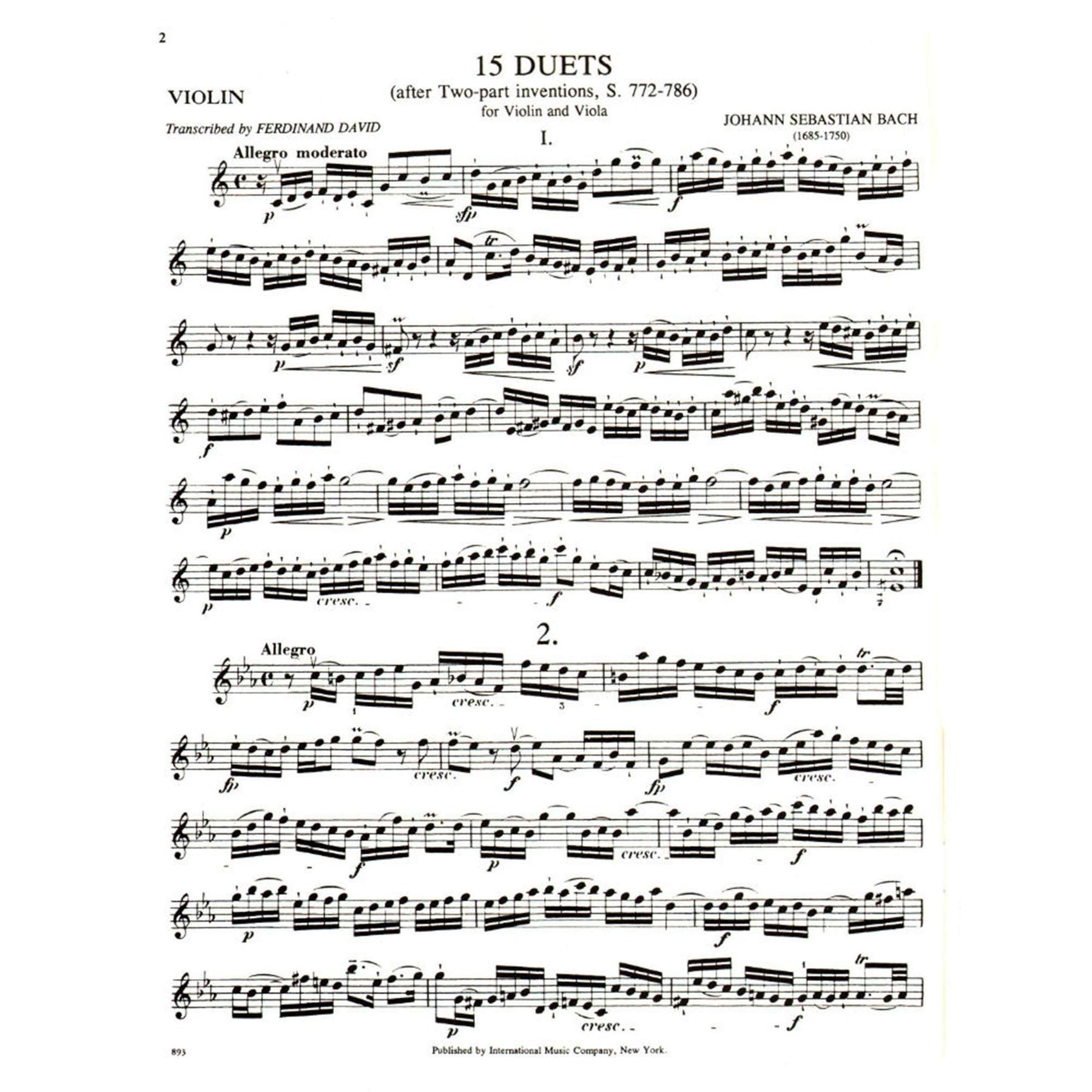 Bach, J.S. - 15 Duets After Two Part Inventions BWV 772 786 for Violin and Viola Arranged by David — Slide 2 of 2