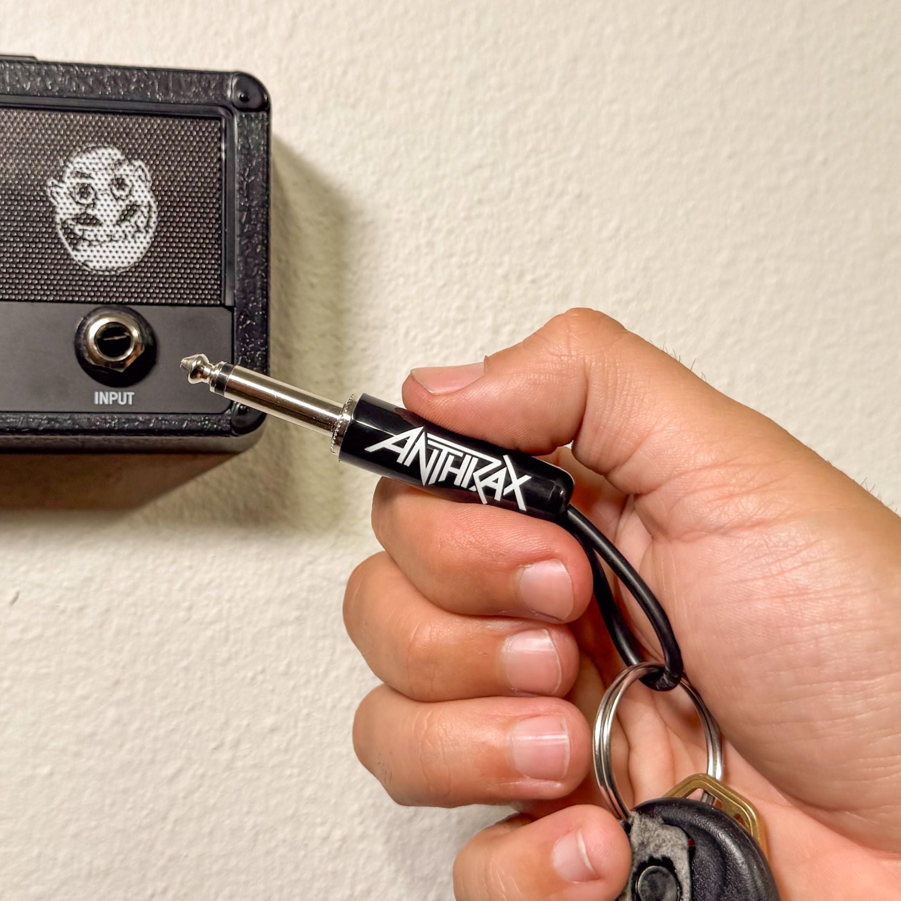P Pluginz Jack Rack wall mounting Key Hanger. Includes 4 Guitar Plug Keychains and wall mounting Hardware. (Anthrax) — Slide 8 of 9