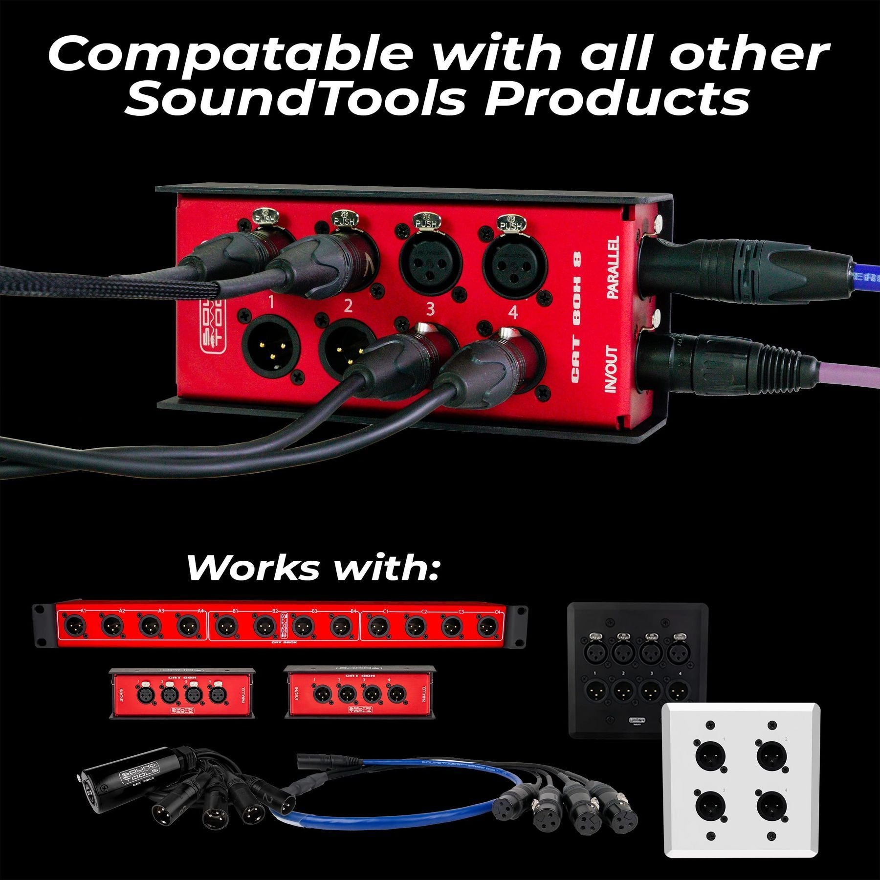 Sound Tools CAT Box 8 Analog Audio Over Cat Stagebox – Passive Audio DMX AES3 COM Transport – 4 Male & 4 Female XLR – etherCON Daisy Chain – Analog Audio Over Cat Cable with Phantom Power Support — Slide 3 of 6