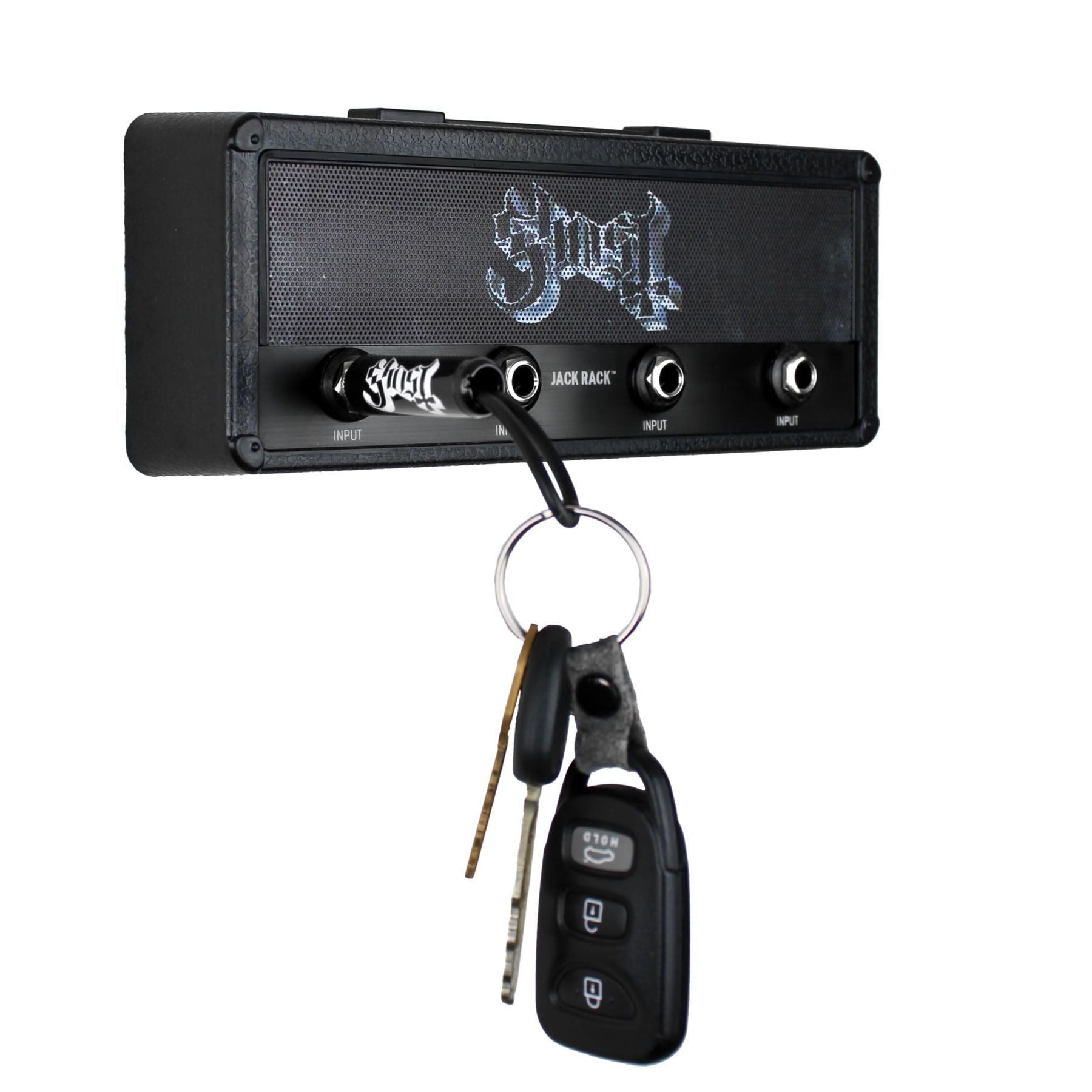 P Pluginz Jack Rack wall mounting Key Hanger. Includes 4 Guitar Plug Keychains and wall mounting Hardware. (Ghost) — Slide 4 of 7