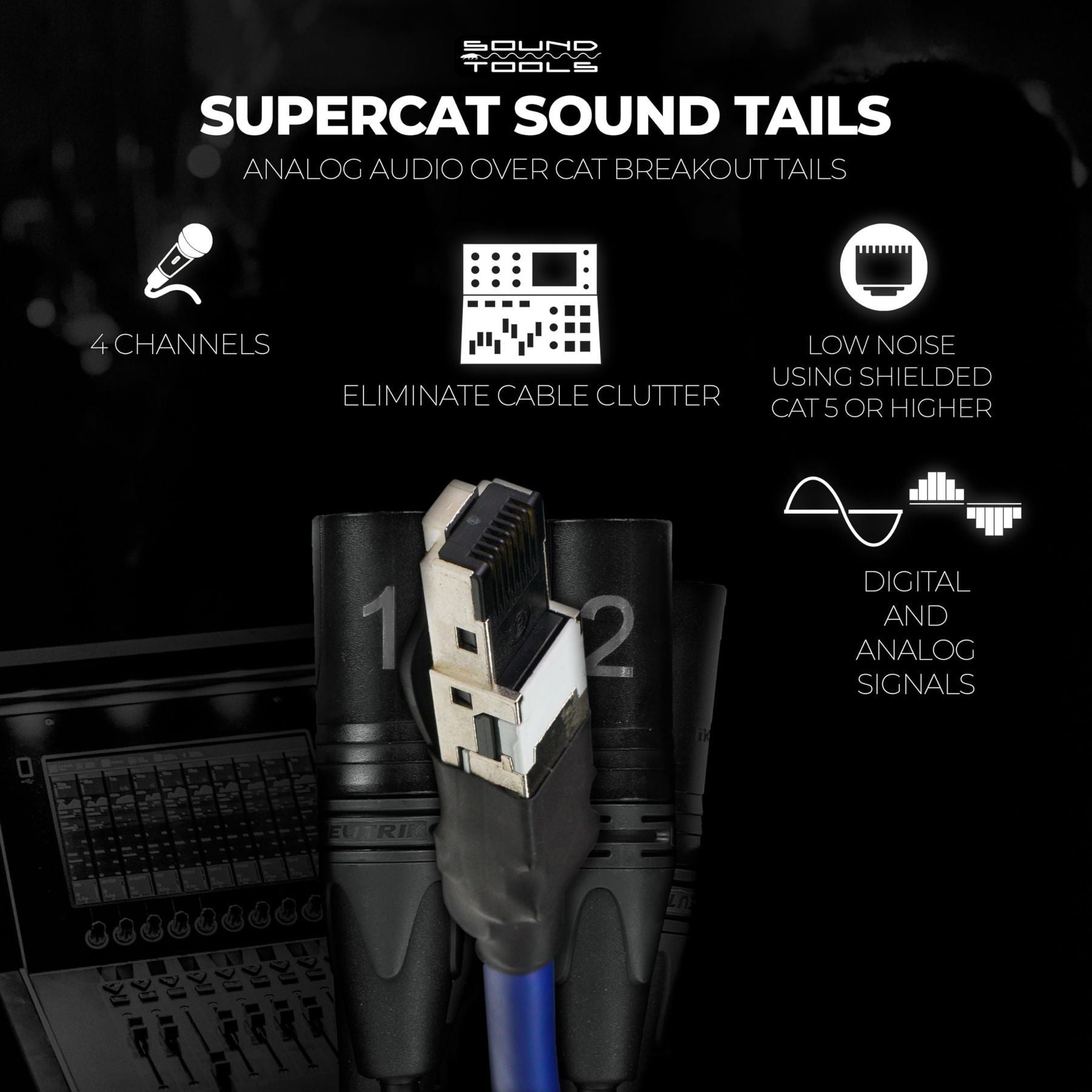 Sound Tools SuperCAT Sound Tails Male RJ45 to Male Breakout XLR – 4 Channel Audio & Ethernet to XLR – Compatible with Audio Mixer, Amplifier, Speaker, Microphone, DMX Controller or Intercom Systems — Slide 2 of 5