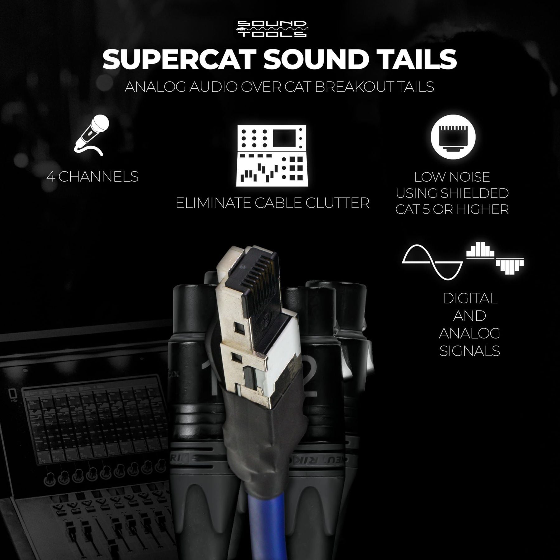 Sound Tools SuperCAT Sound Tails Male RJ45 to Female Breakout XLR – 4 Channel Audio & Ethernet to XLR – Compatible with Audio Mixer, Amplifier, Speaker, Microphone, DMX Controller or Intercom Systems — Slide 2 of 5