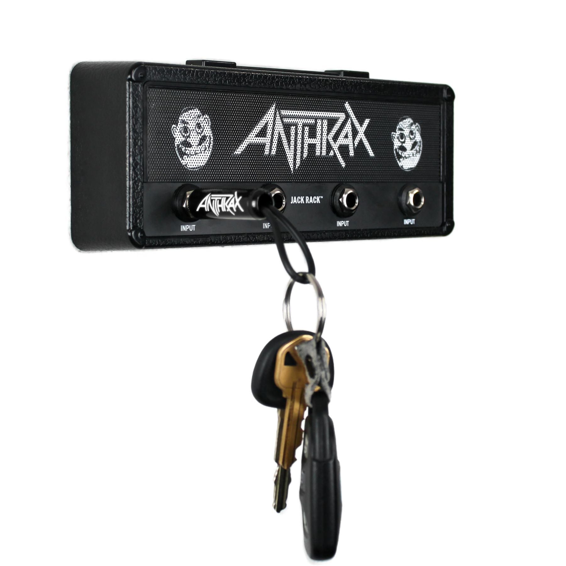 P Pluginz Jack Rack wall mounting Key Hanger. Includes 4 Guitar Plug Keychains and wall mounting Hardware. (Anthrax) — Slide 4 of 9