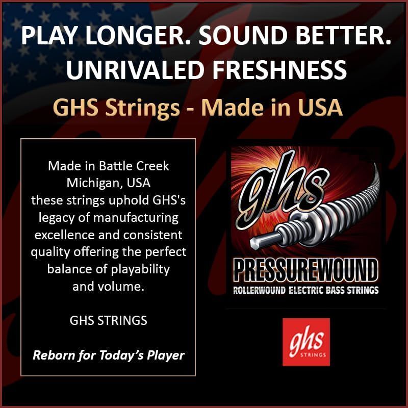 GHS Strings – Pressurewound Bass Strings 4-STRING SET - SHORT SCALE - Alloy 52 Rollerwound for Smooth Feel, Brigt Punchy Tone & Reduced Finger Noise - Made in USA - (7700 SET) - LIGHT GAUGE 40-96 — Slide 6 of 9