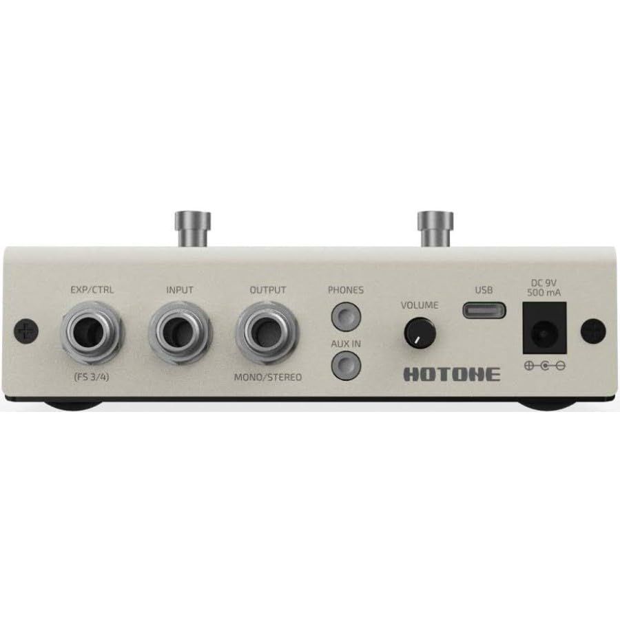 Hotone Ampero Mini MP50VN effects processor — connection panel with EXP/CTRL, input, output, phones, volume, USB and power ports — Slide 6 of 9
