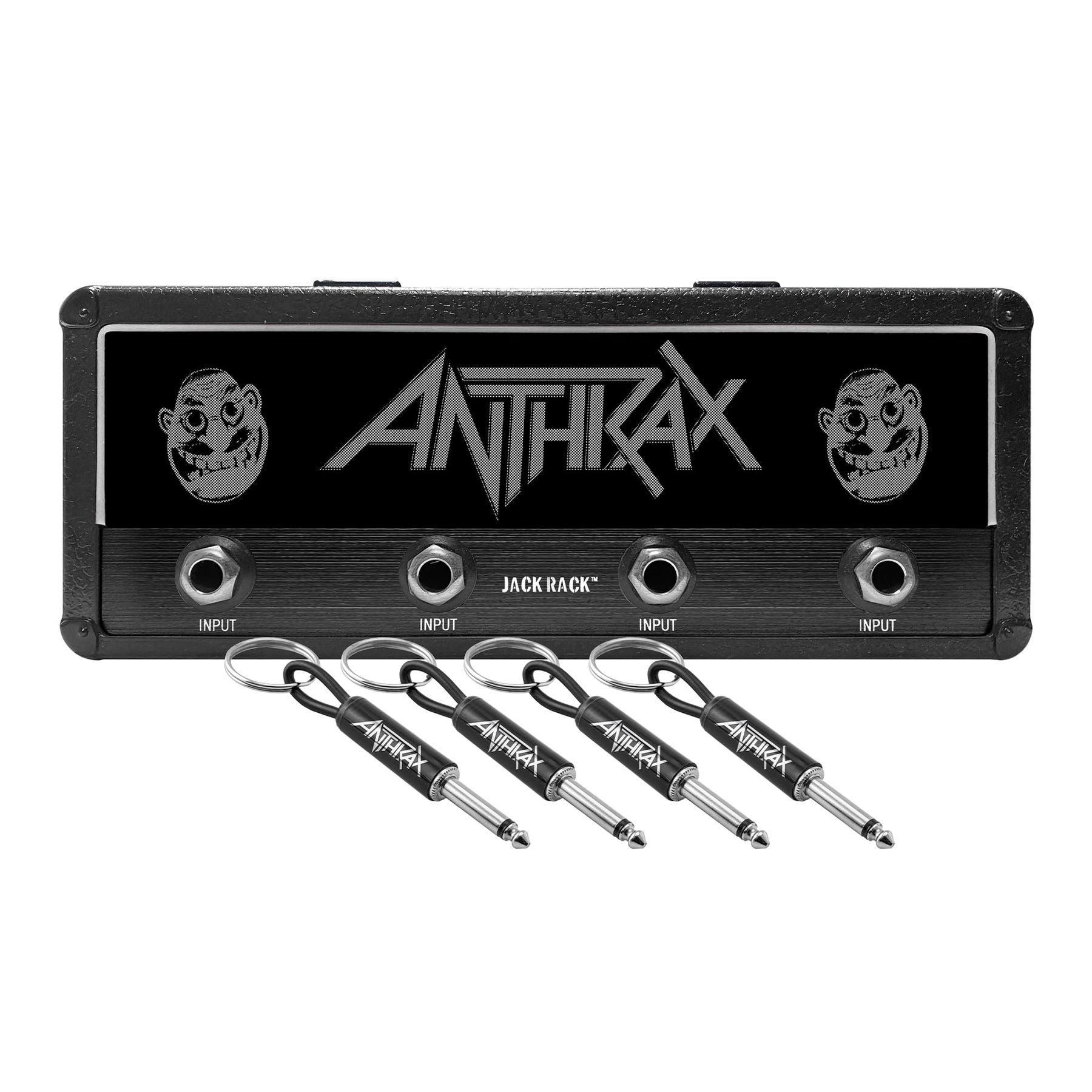 P Pluginz Jack Rack wall mounting Key Hanger. Includes 4 Guitar Plug Keychains and wall mounting Hardware. (Anthrax) — Slide 1 of 9