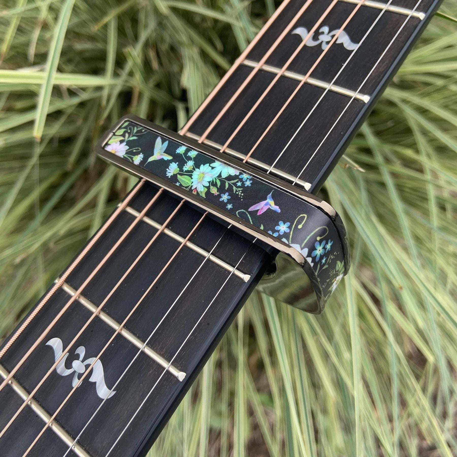 Thalia Guitar Capo - Deluxe Series (New Model with (2) Universal OctaveTouch Fret Pads) Black Chrome - Hummingbird — Slide 4 of 6