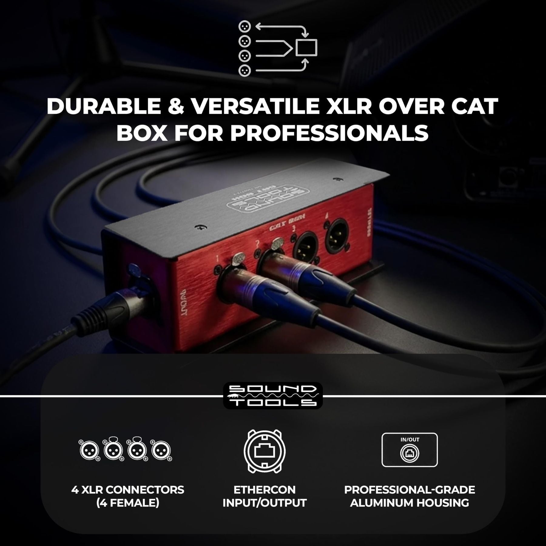 Sound Tools CAT Box MX - Male XLR Stage Box with Analog Audio Over Shielded CAT Cable. Send 4 Channels of Audio, DMX, Clear-Com or AES. — Slide 2 of 7