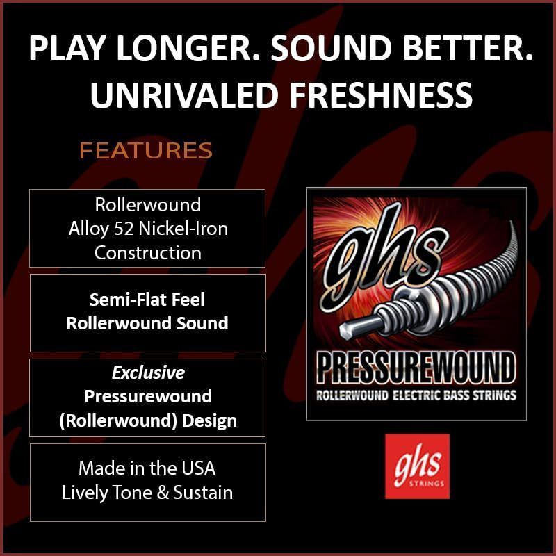 GHS Strings – Pressurewound Bass Guitar Strings – Alloy 52 Rollerwound for Smooth Feel, Bright Punchy Tone & Reduced Finger Noise – Made in USA – Light Gauge - (L7200 SET) - 40-96 — Slide 2 of 9