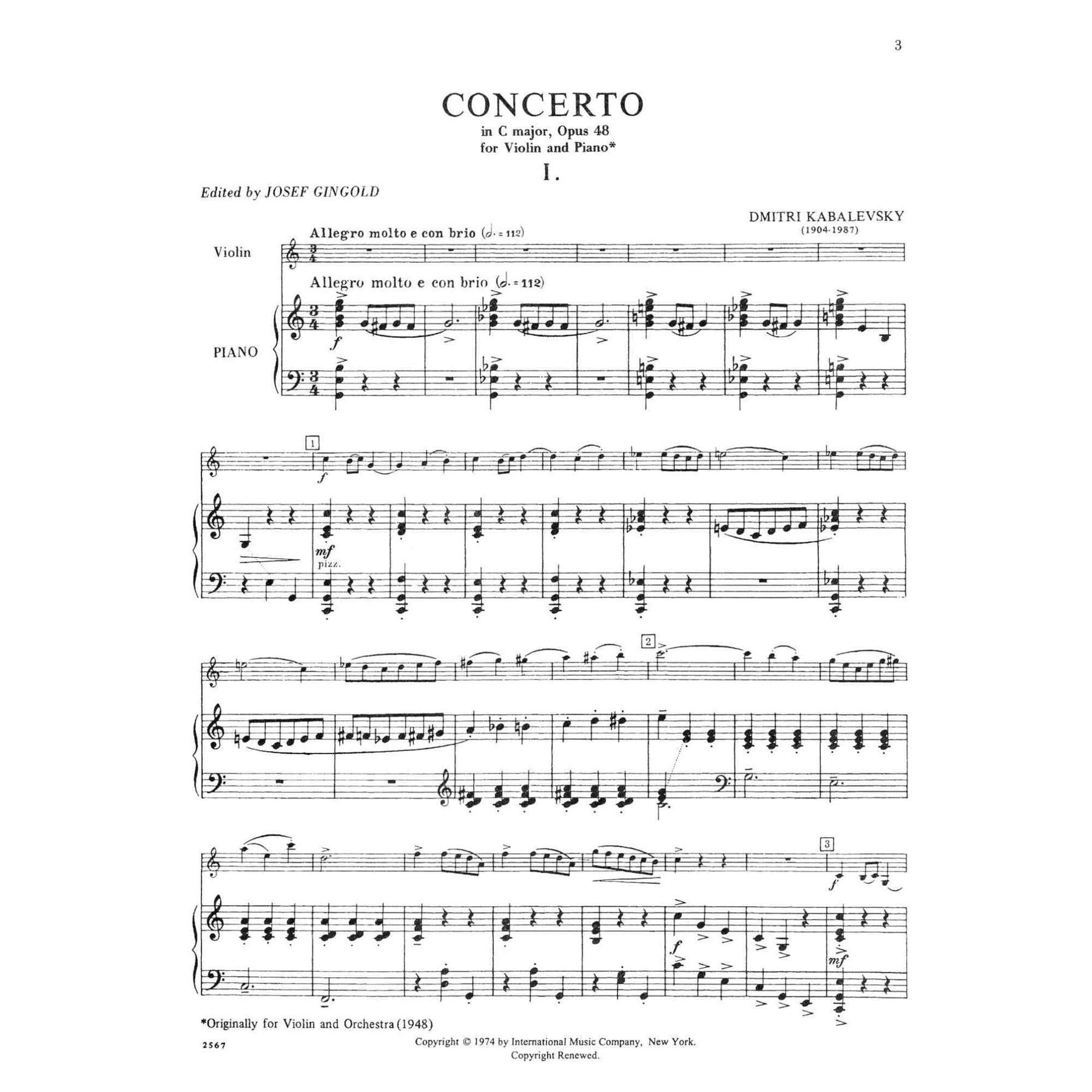 Kabalevsky, Dmitri Concerto in C Major, Op 48 Violin and Piano by Josef Gingold - International — Slide 3 of 4