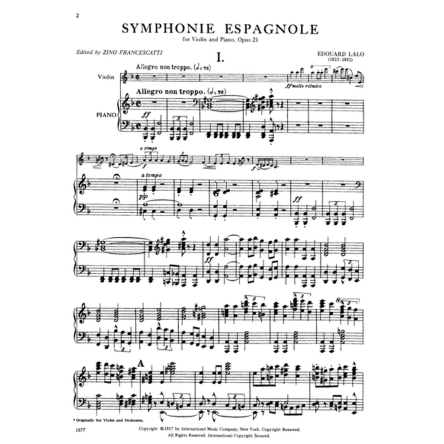 Lalo Edouard Symphonie Espagnole, Op. 21 - Violin and Piano - by Zino Francescatti - International — Slide 2 of 3