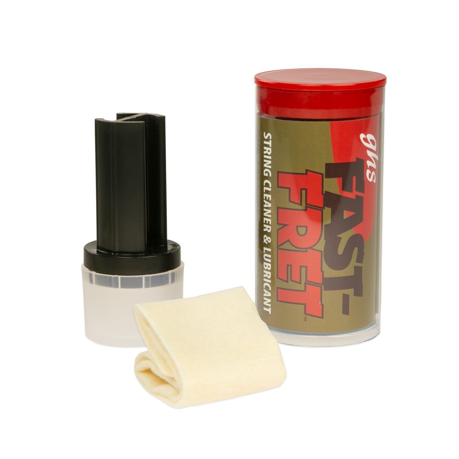 GHS Fast Fret string cleaner and lubricant — applicator, container and cleaning cloth on a white background — Slide 8 of 9