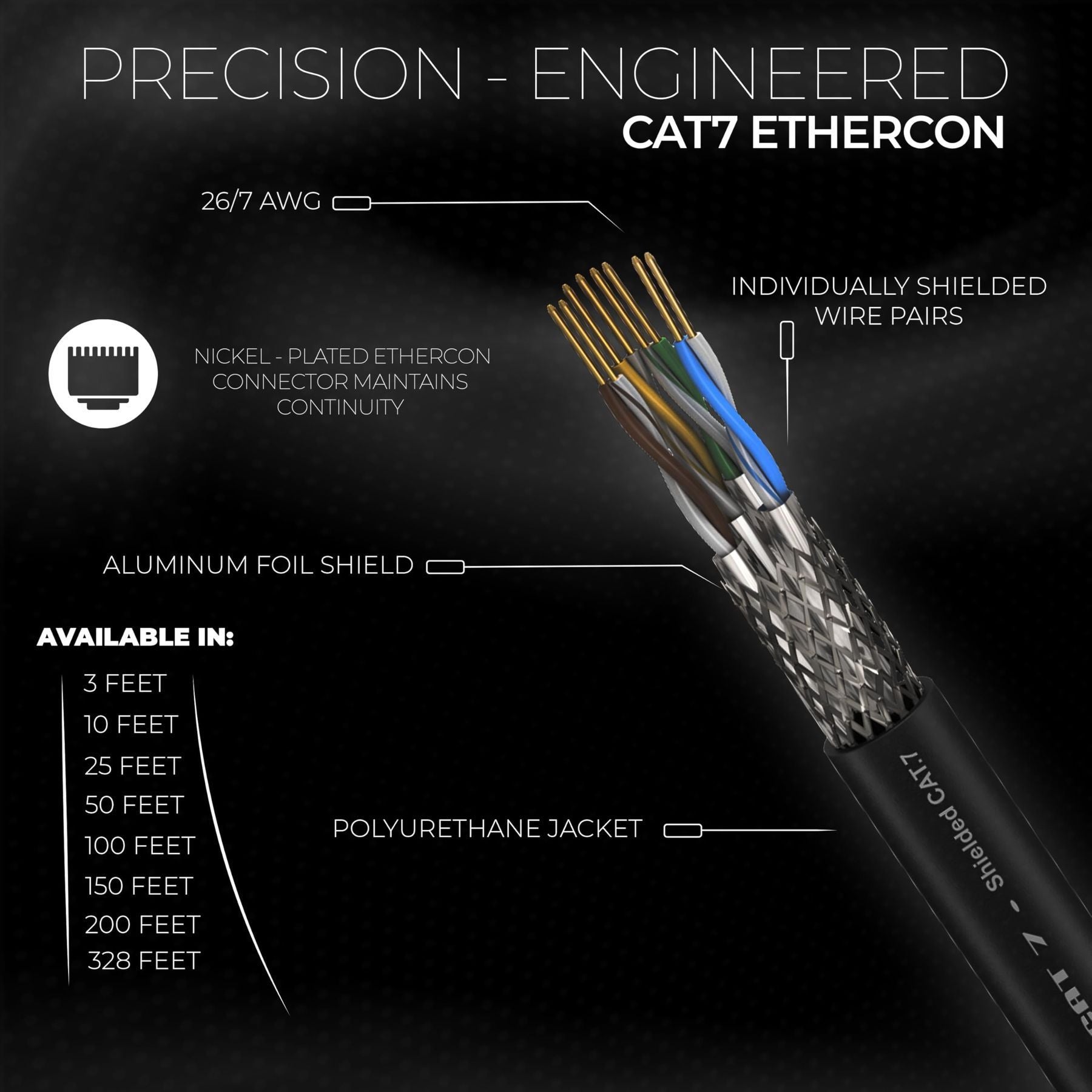 SuperCAT 7 Shielded EtherCON Cable (200 feet, Black) - Flexible Polyurethane Jacket, Neutrik Connectors, 10Gbps Speed, CAT7 Standard — Slide 4 of 6