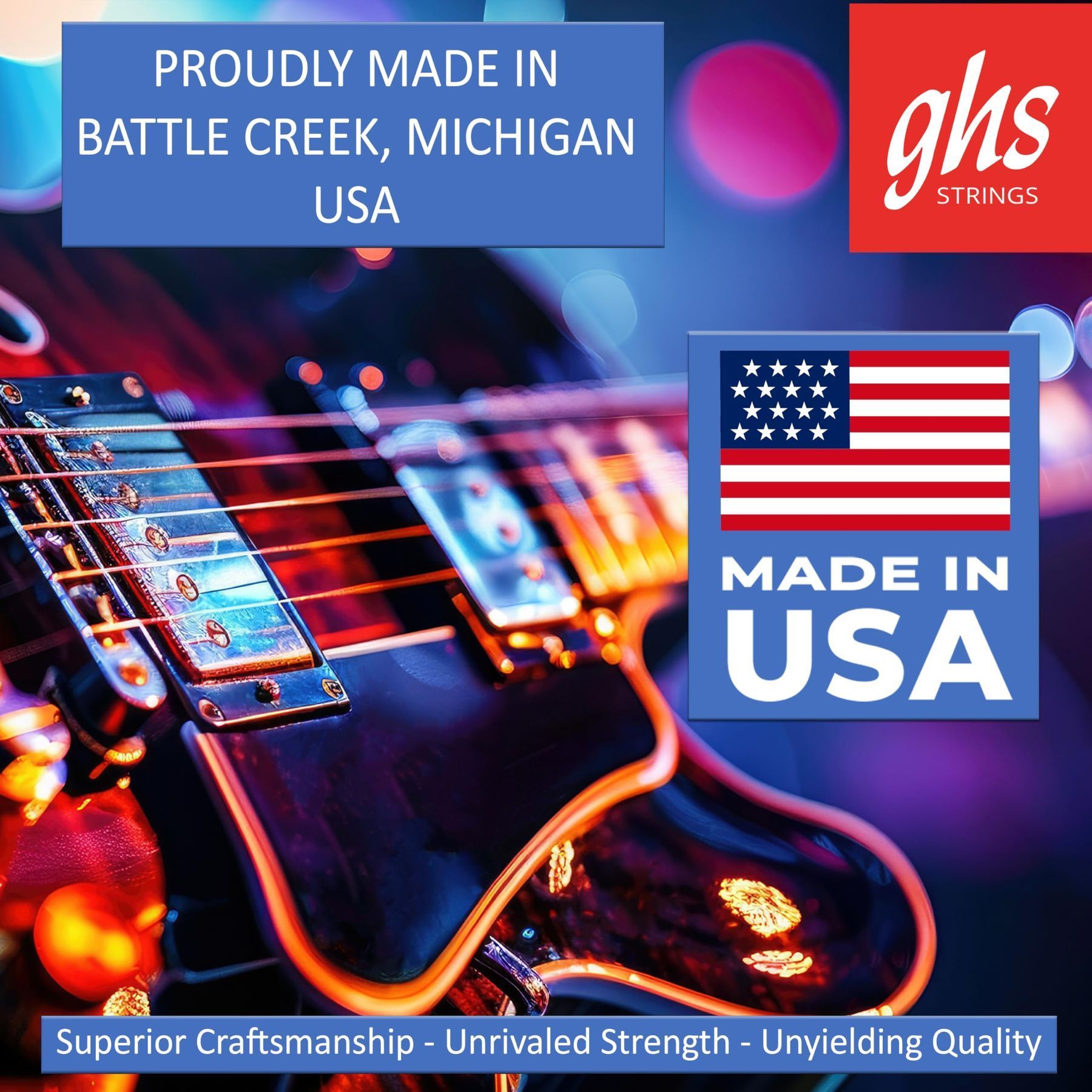 GHS Precision Flatwound 800 extra-light electric guitar strings — Made in Battle Creek, Michigan, USA infographic — Slide 9 of 9