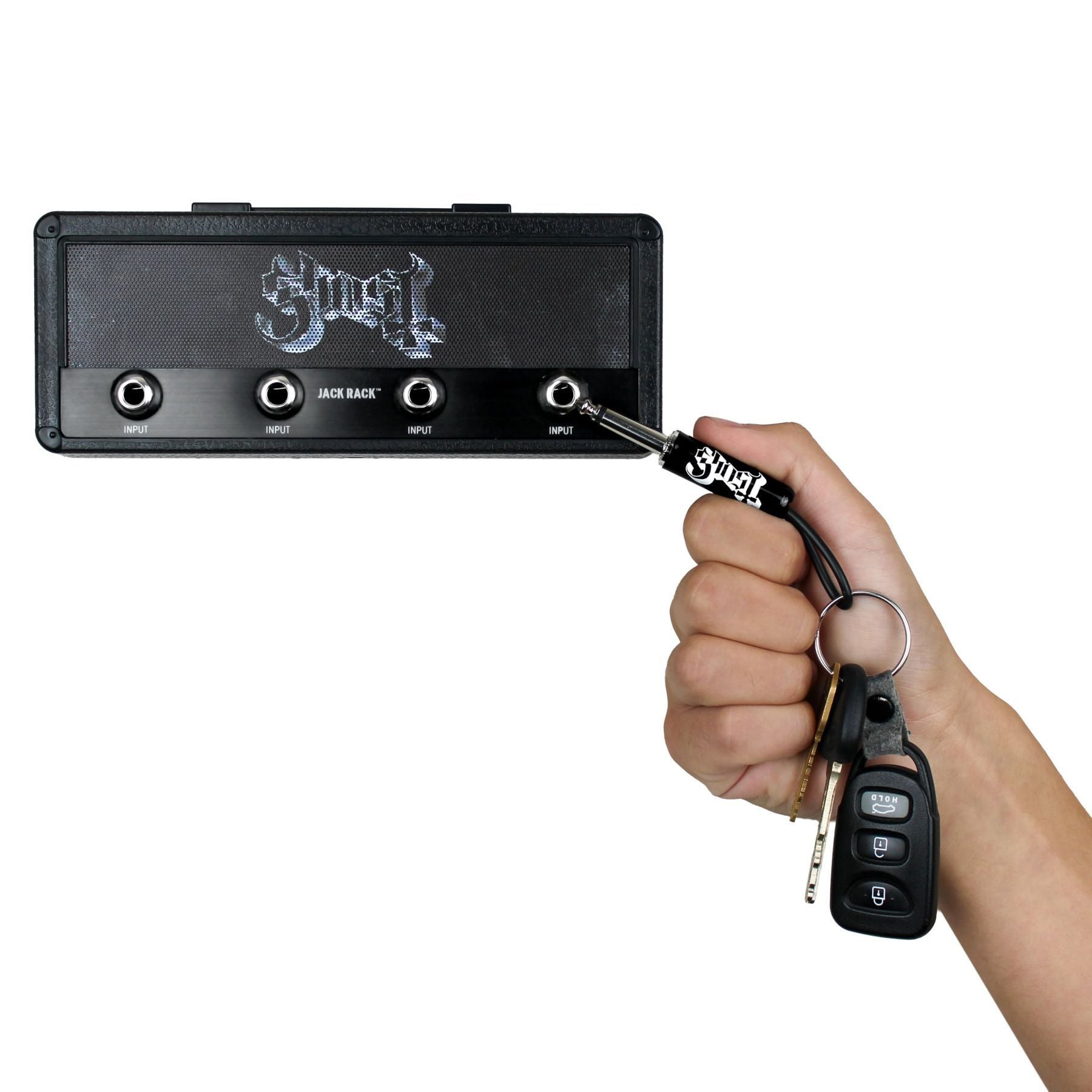 P Pluginz Jack Rack wall mounting Key Hanger. Includes 4 Guitar Plug Keychains and wall mounting Hardware. (Ghost) — Slide 3 of 7