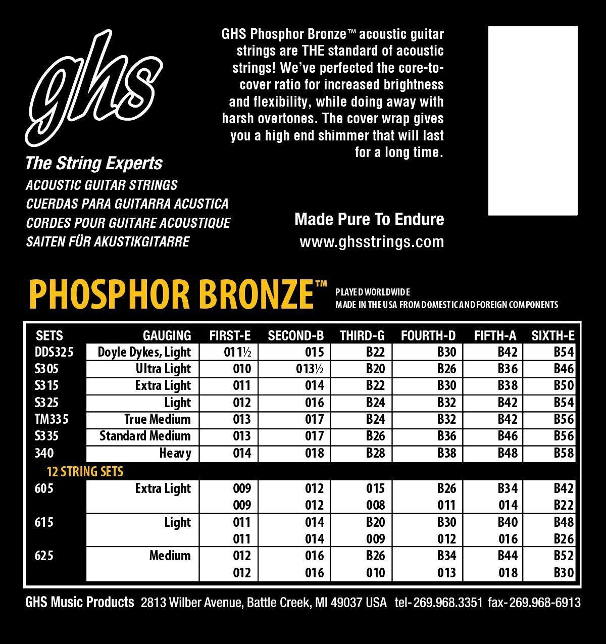 GHS Strings – Phosphor Bronze Acoustic Guitar Strings – Warm, Rich Tone, Balanced & Long-Lasting - For Acoustic, Fingerstyle, Strumming, Country, Rock, S305 Set (UL) Ultra Light Gauge 10-46, 3 PACK — Slide 9 of 9