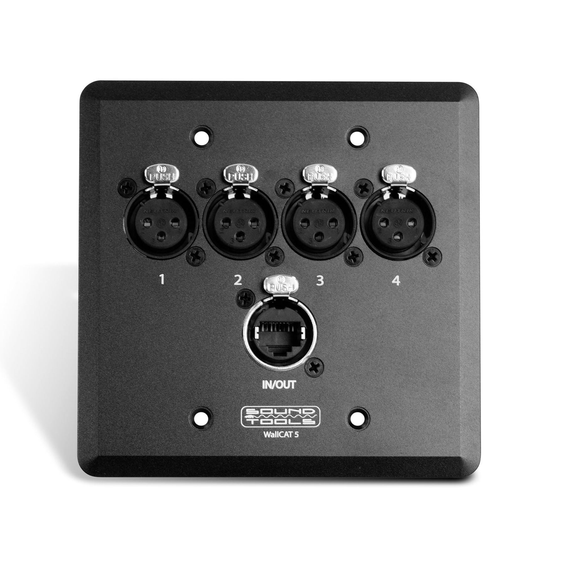 SoundTools Wall CAT 5 Female XLR Black – 4-Channel Audio Over Shielded CAT Wall Plate with etherCON – Solderless XLR Panel for Analog/AES3/DMX Signals for Studio, Stage & AV Use — Slide 1 of 3