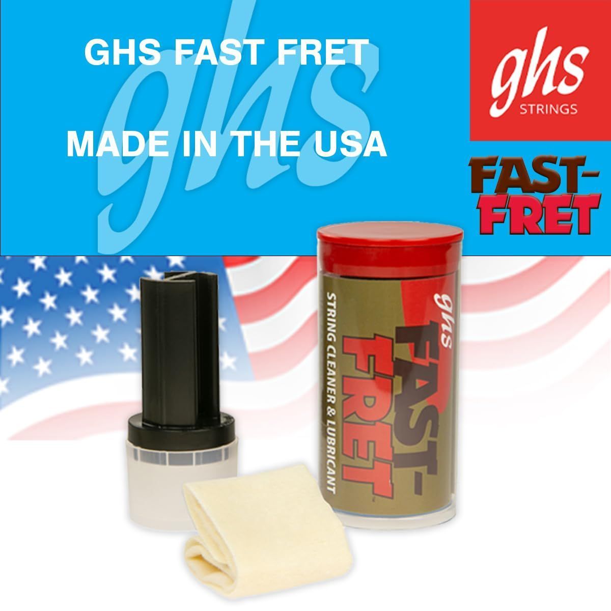 GHS Fast Fret string cleaner and lubricant — applicator, container and cloth with Made in the USA graphic — Slide 6 of 9