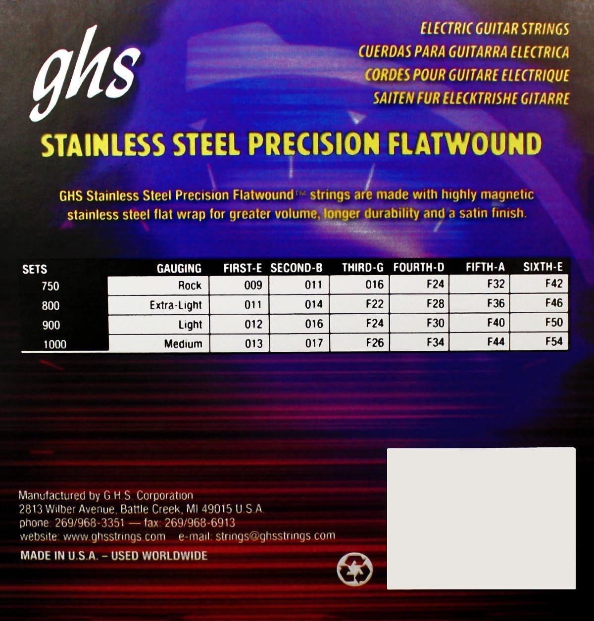 GHS Precision Flatwound 800 extra-light electric guitar strings — back of package with stainless-steel description and string-gauge chart — Slide 2 of 9