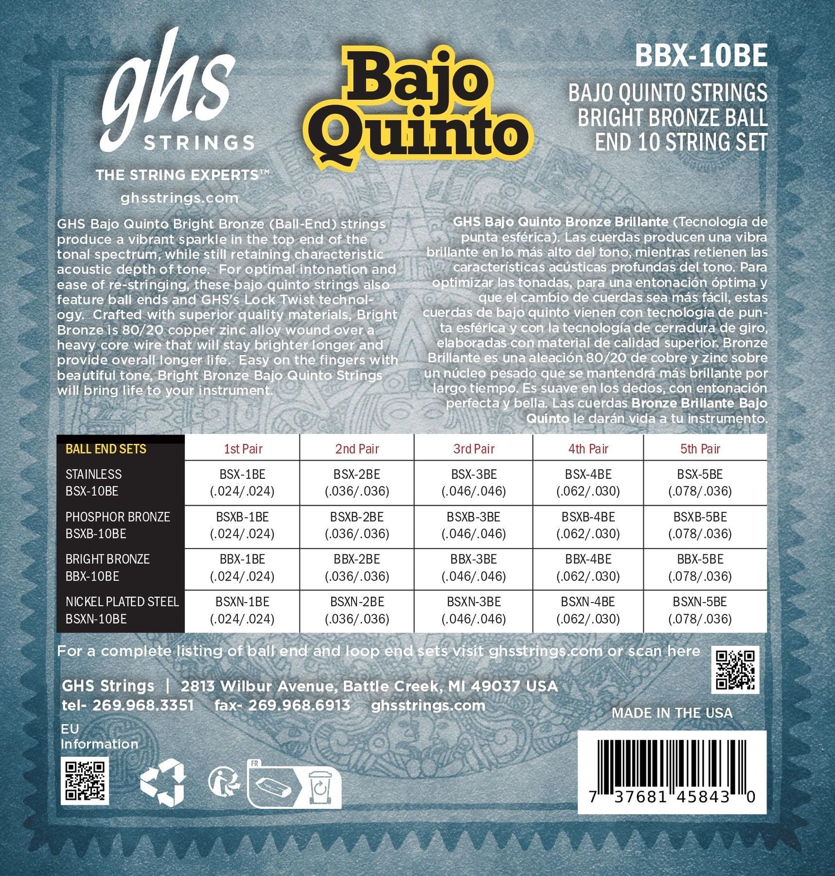 GHS Strings - Bajo Quinto 10-String Set - Bright Bronze - Ball-End - Model: BBX10-BE Set — Slide 2 of 3