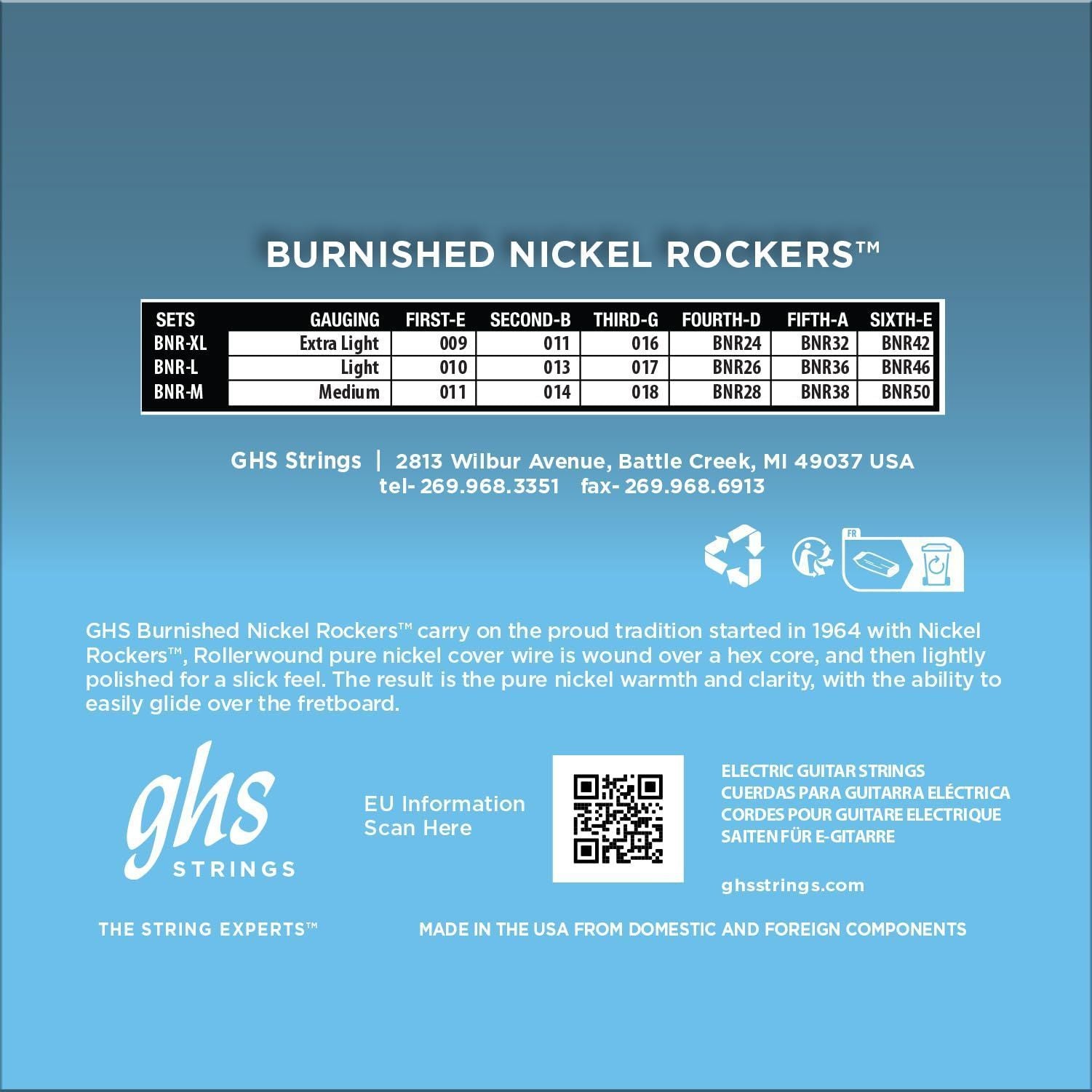 GHS Strings - Burnished Nickel Rockers - Electric Guitar Strings - Pure Nickel - Polished for a Smooth Feel - Warm Vintage Tone - Retro Rock & Blues Sound - Light Gauge - BNR-L SET - 10-46 - 3 PACK — Slide 9 of 9