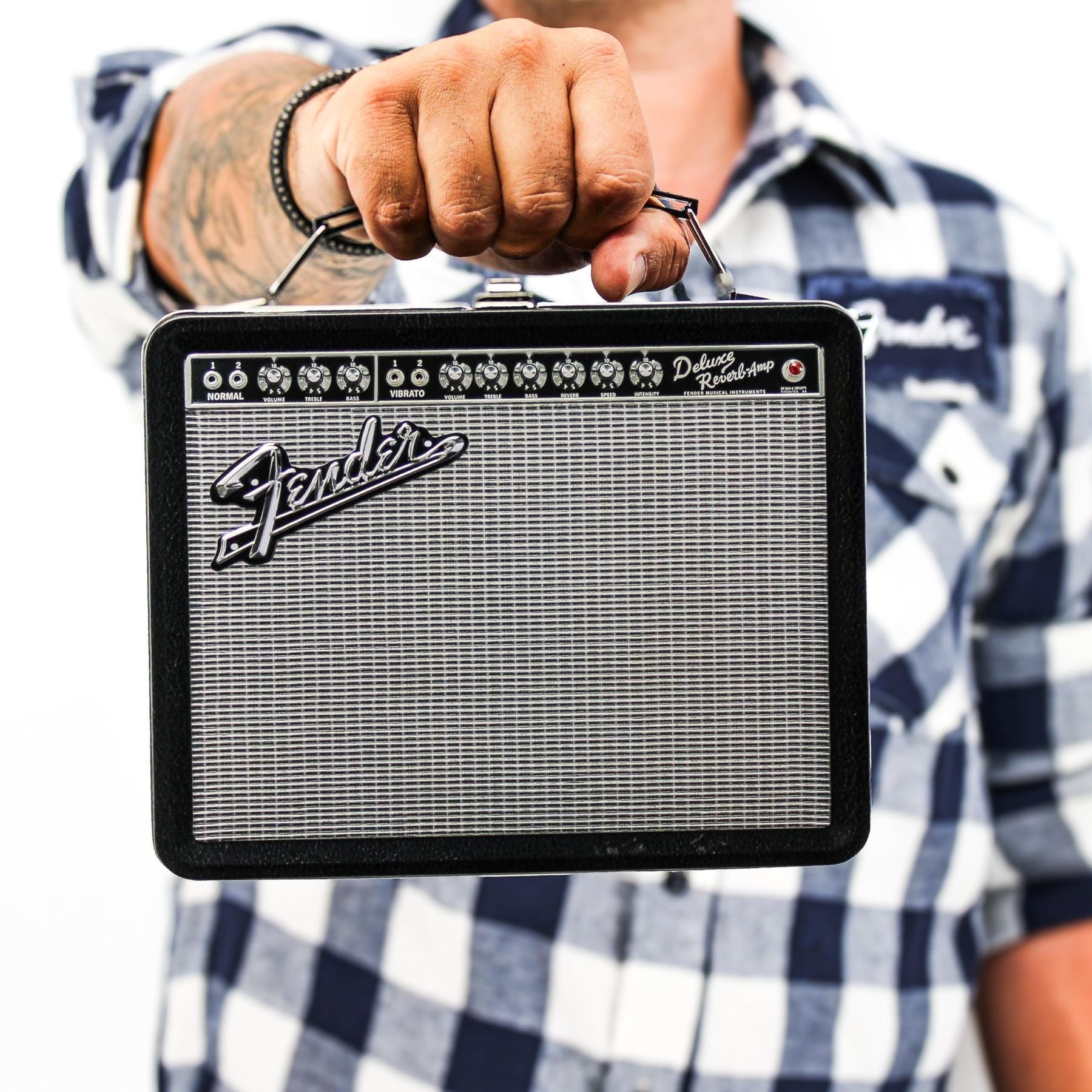 P Pluginz Fender Amp Tin Lunch Box Storage Container- Plastic Handle & Embossed Front Cover - Officially Licensed Fender Merchandise — Slide 7 of 8
