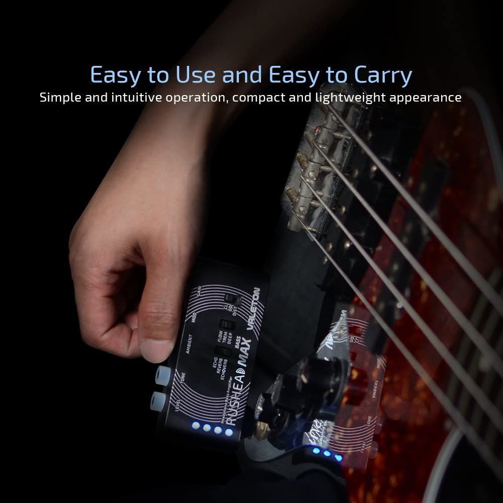 Valeton Rushead Max Bass pocket headphone amplifier — compact amplifier connected to a bass guitar — Slide 6 of 7